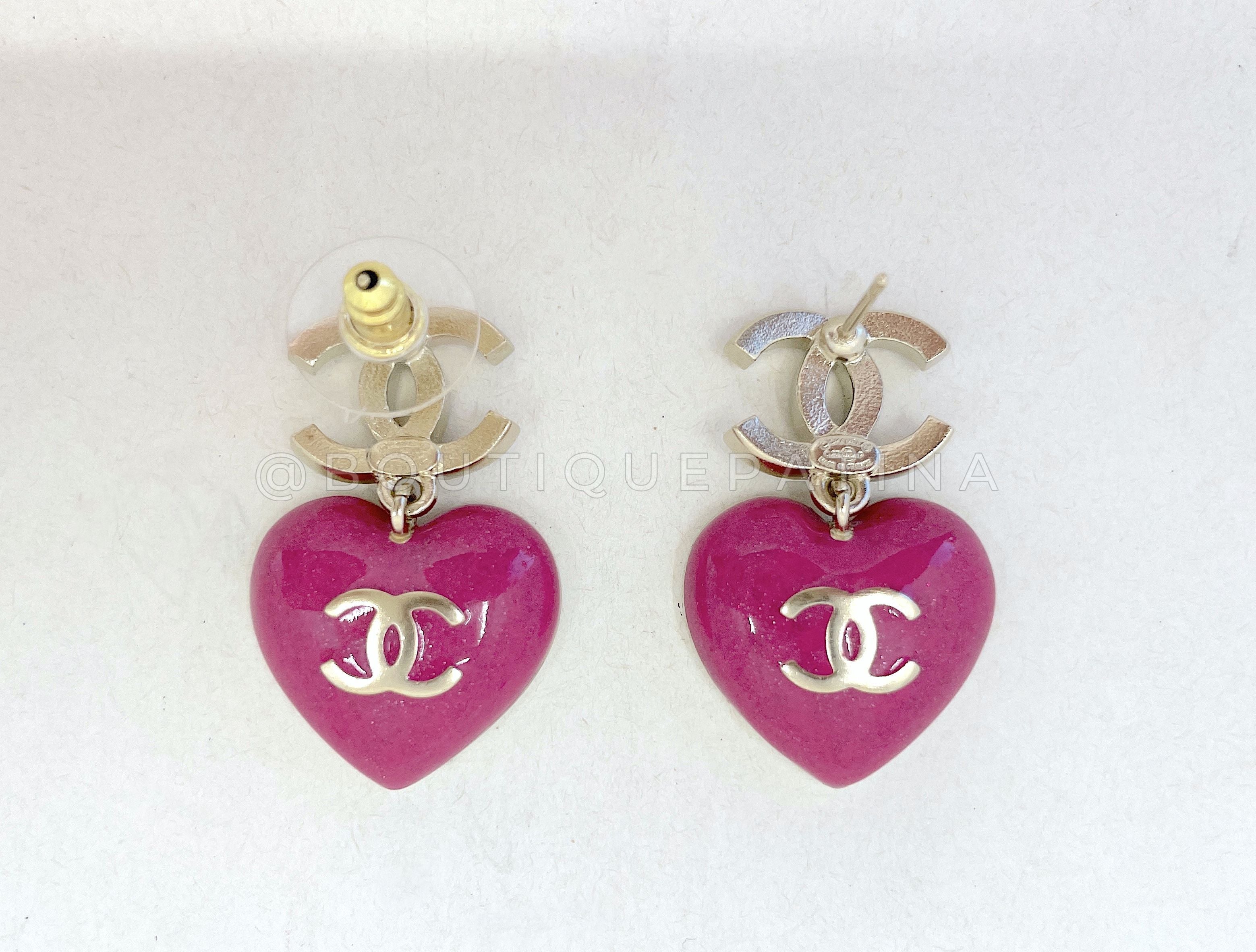 Chanel 23P Crystal CC Pink Heart Drop Earrings 1O6