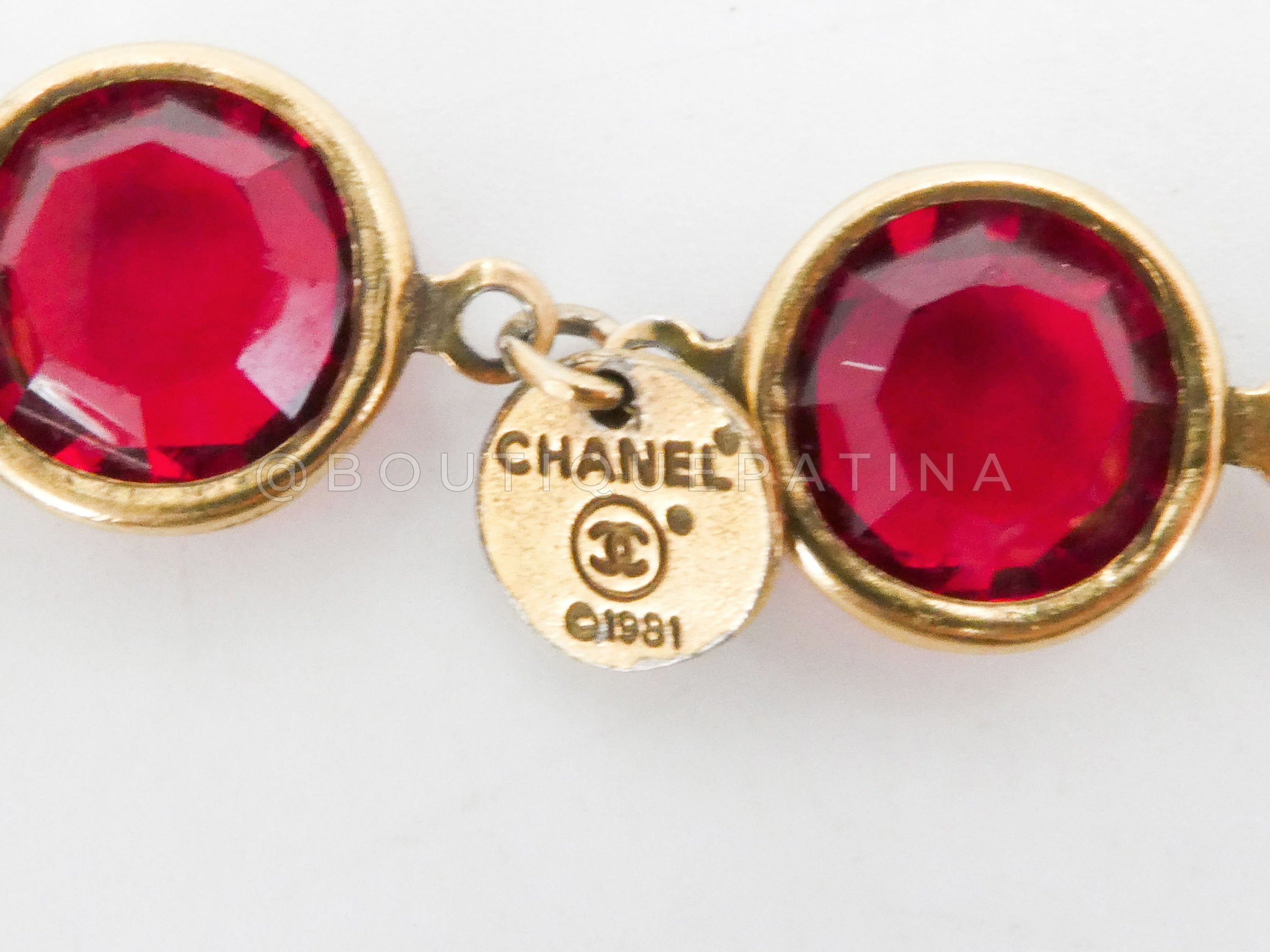 Chanel 1981 Vintage Ruby Red Crystal Chicklet Sautoir Station Strand Necklace