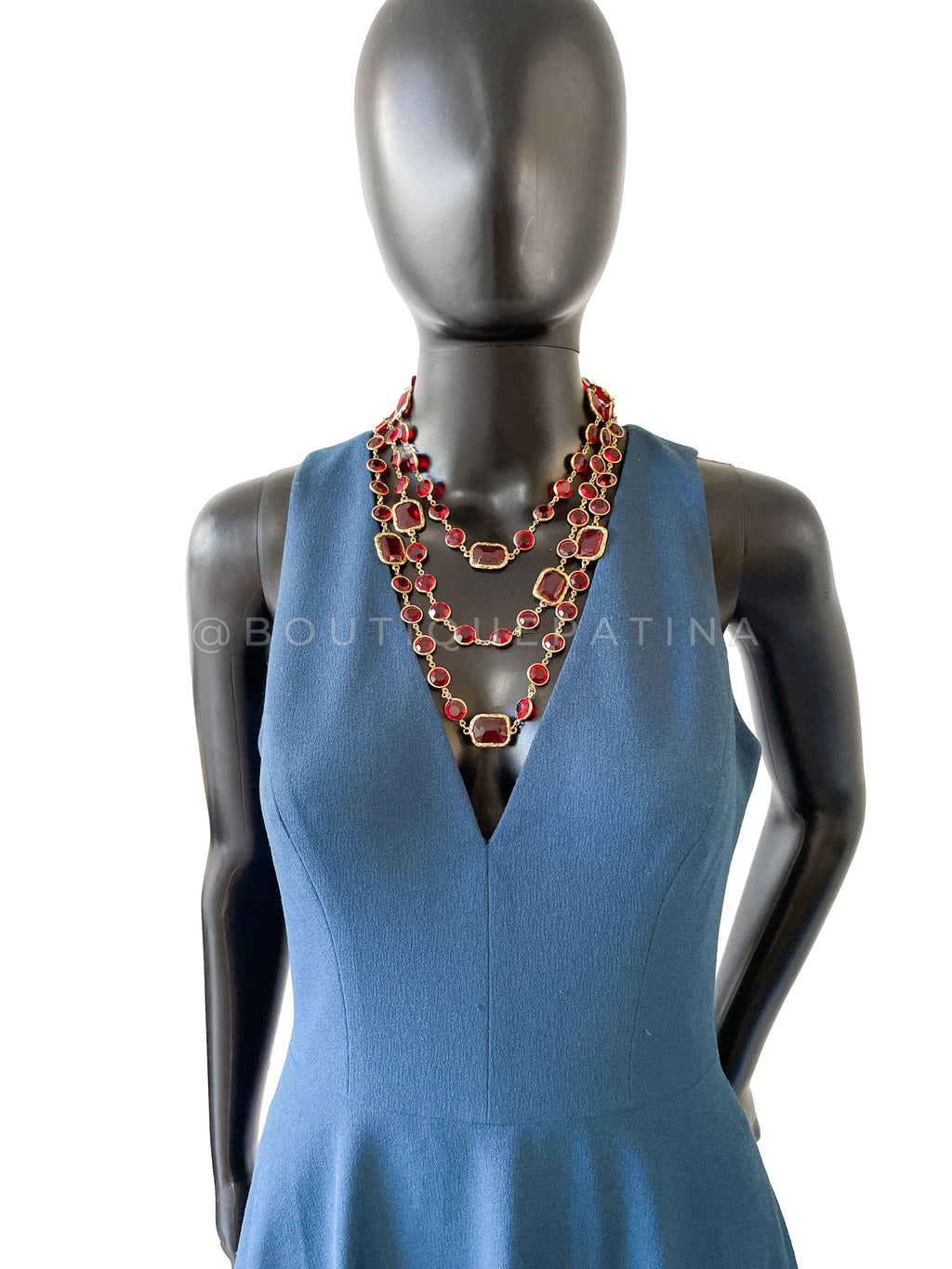 Chanel 1981 Vintage Ruby Red Crystal Chicklet Sautoir Station Strand Necklace