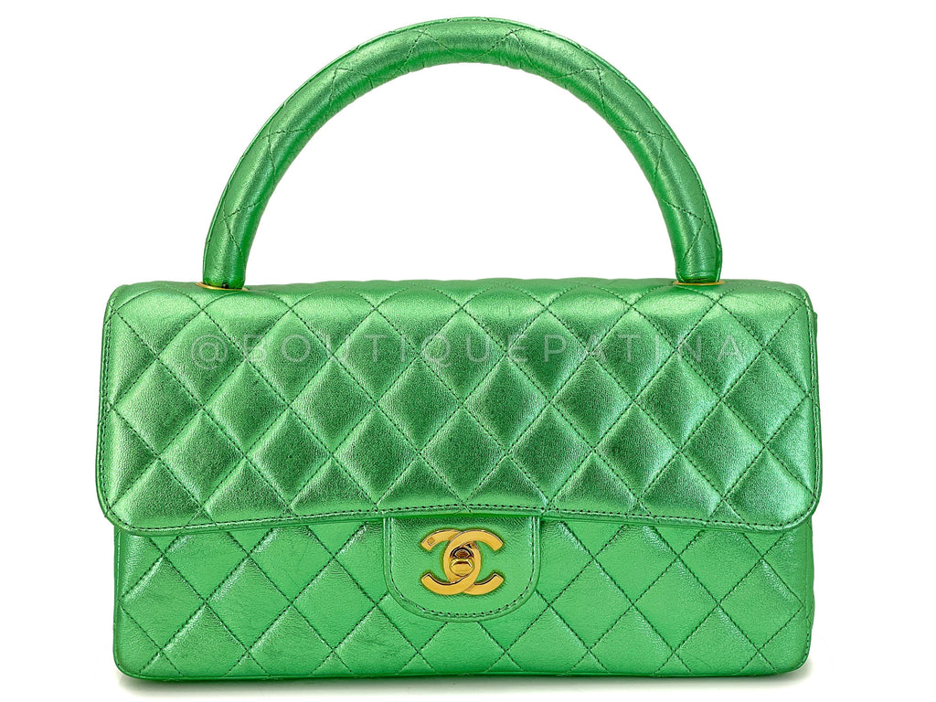 Chanel 1994 Vintage Parent Child Bag Kelly Flap Set Metallic Green 24k GHW RRJ