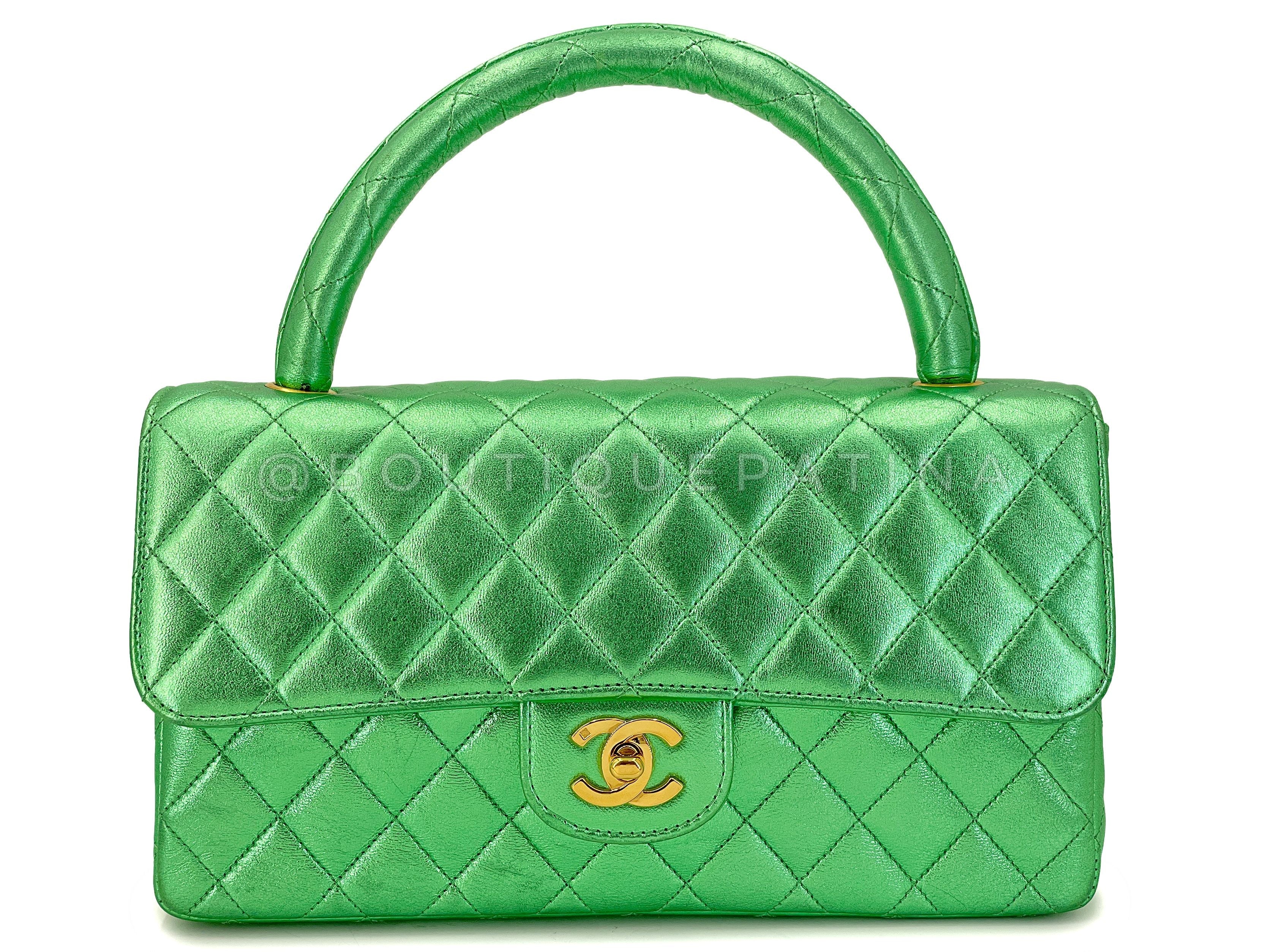 Chanel 1994 Vintage Parent Child Bag Kelly Flap Set Metallic Green 24k GHW RRJ