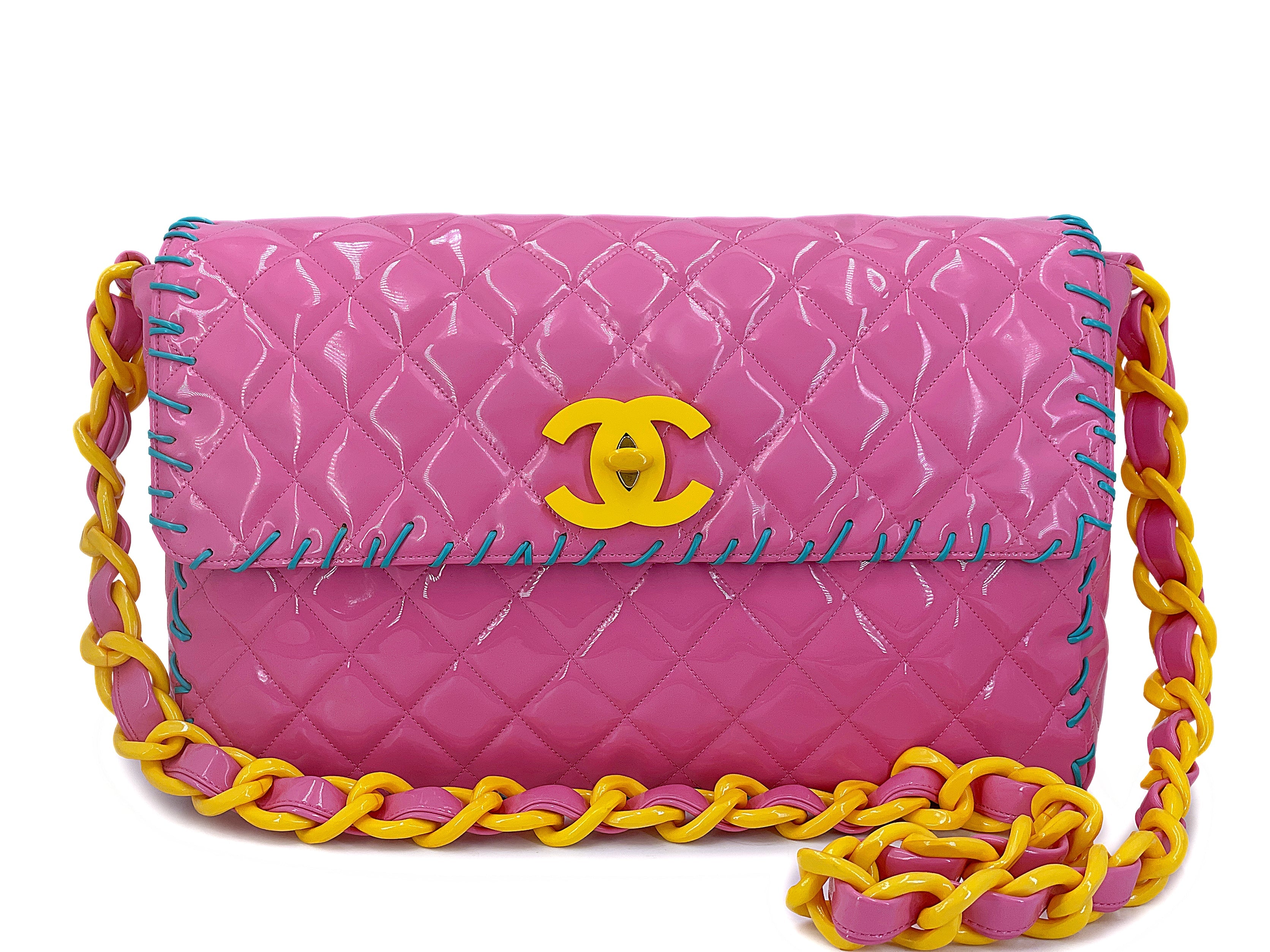 Chanel 1994 Spring Pink Patent Resin Chain Maxi Flap Bag DUB