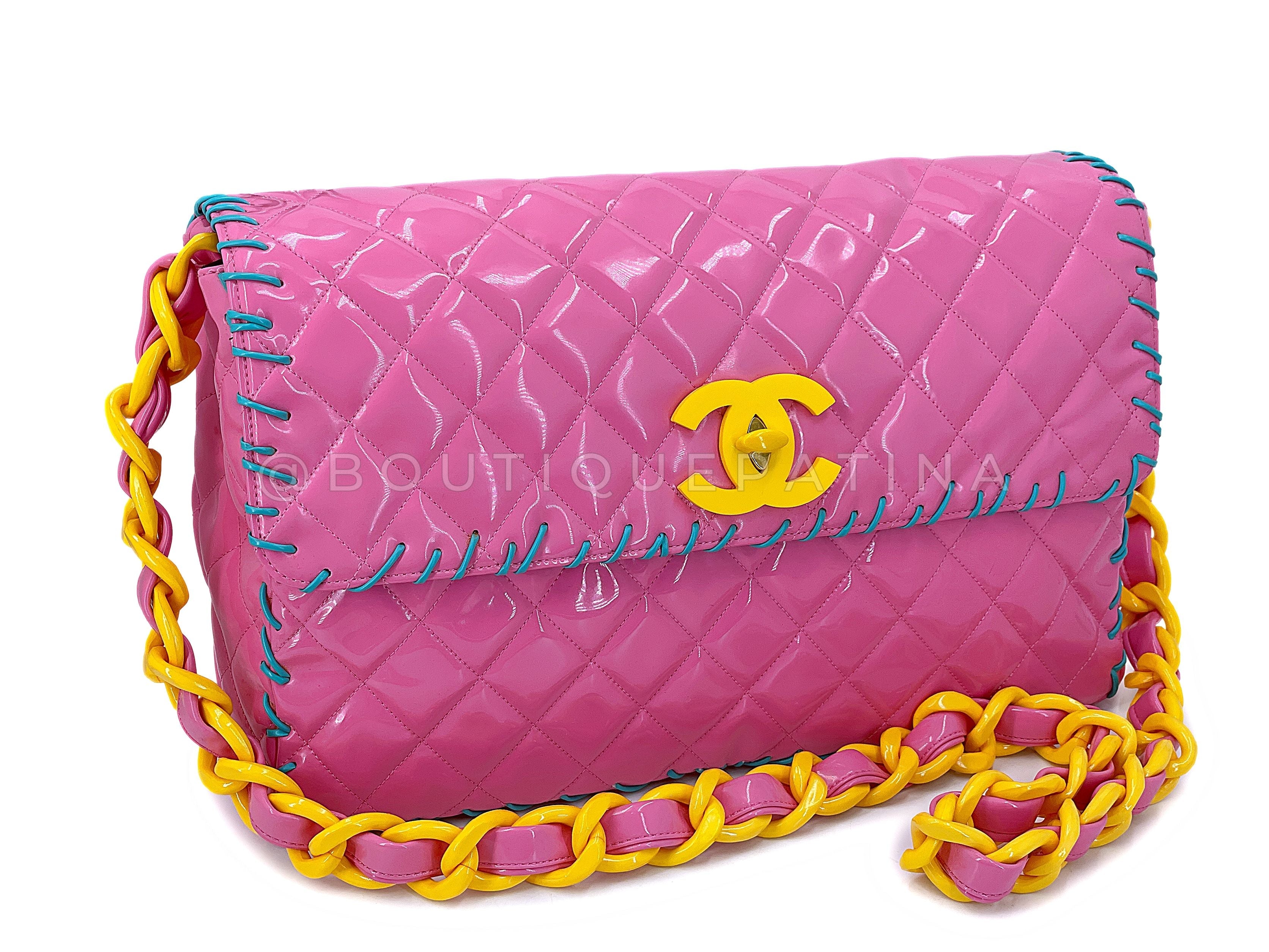 Chanel 1994 Spring Pink Patent Resin Chain Maxi Flap Bag DUB
