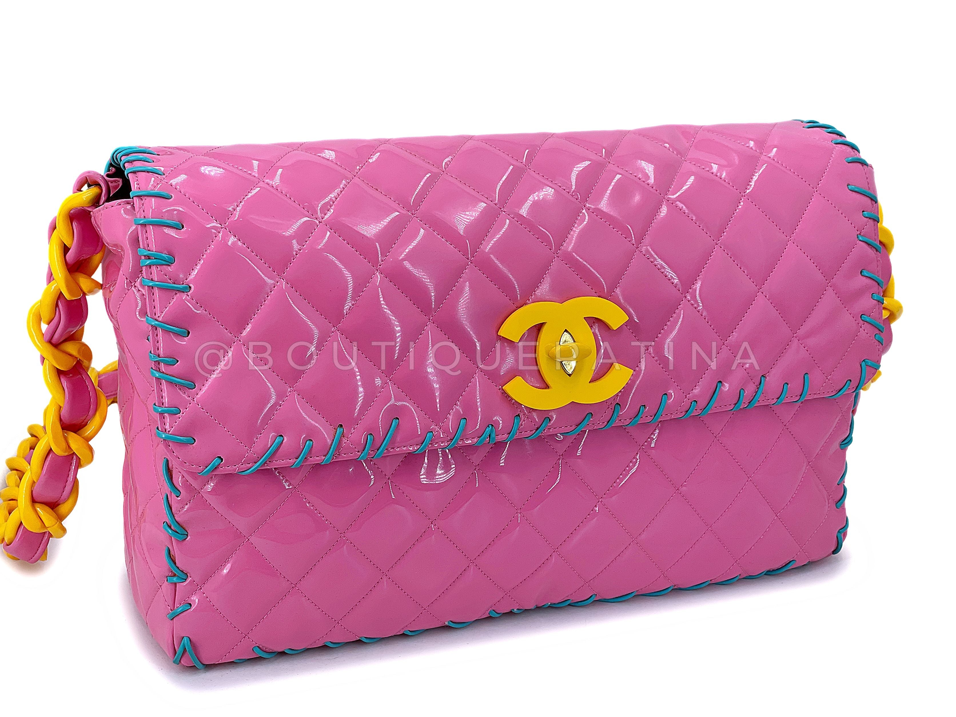 Chanel 1994 Spring Pink Patent Resin Chain Maxi Flap Bag DUB