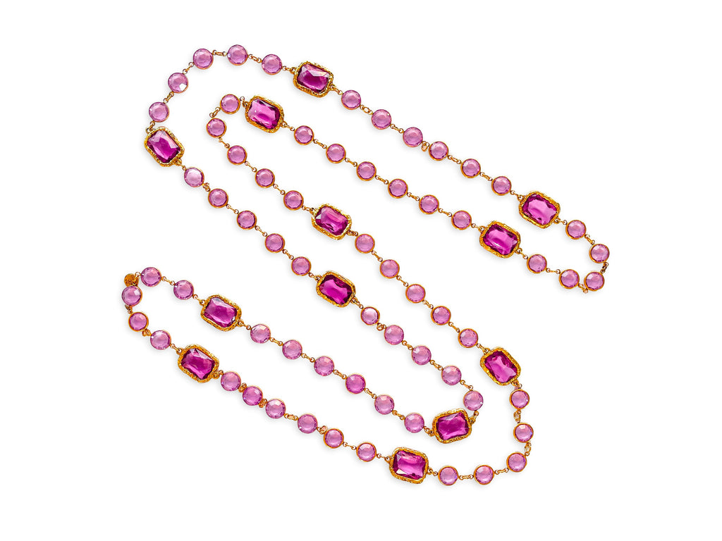 Chanel 1981 Vintage Rose Pink Crystal Chicklet Sautoir Station Strand Necklace ZQL