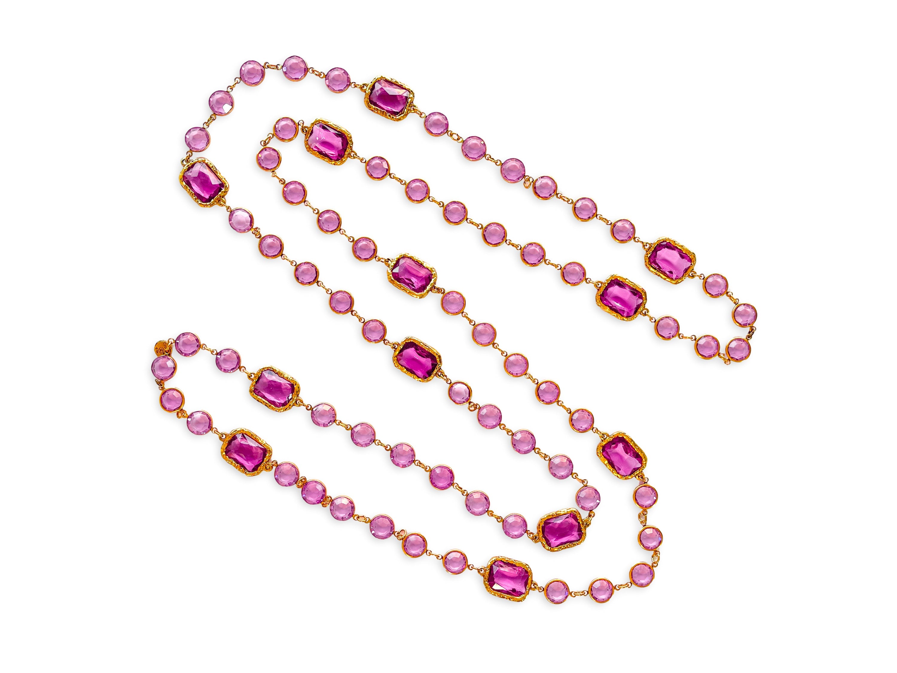 Chanel 1981 Vintage Rose Pink Crystal Chicklet Sautoir Station Strand Necklace ZQL