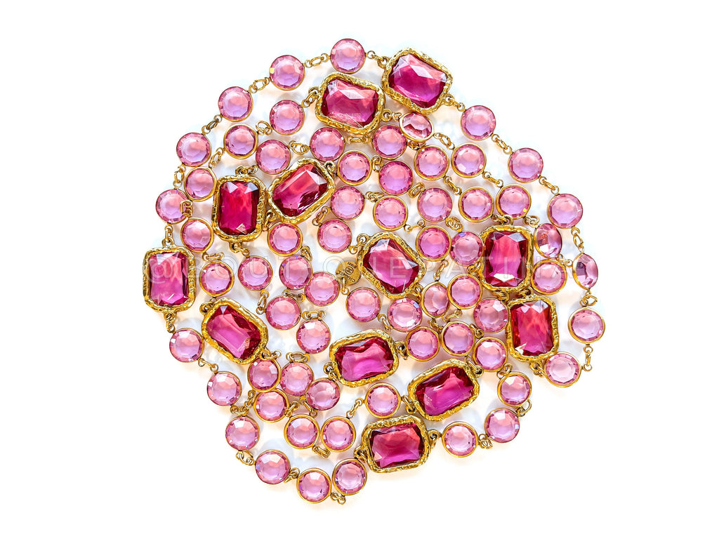 Chanel 1981 Vintage Rose Pink Crystal Chicklet Sautoir Station Strand Necklace ZQL