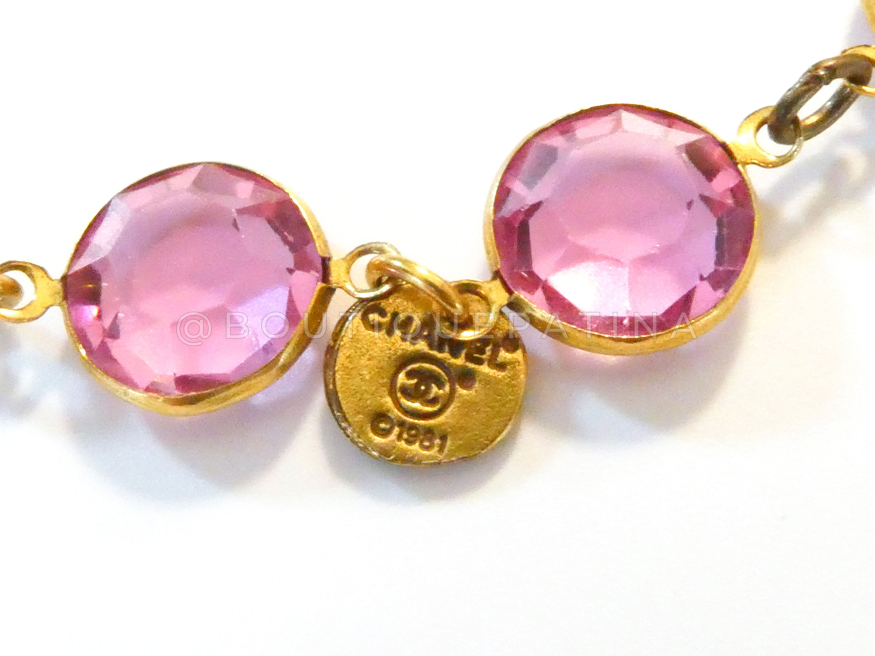 Chanel 1981 Vintage Rose Pink Crystal Chicklet Sautoir Station Strand Necklace ZQL