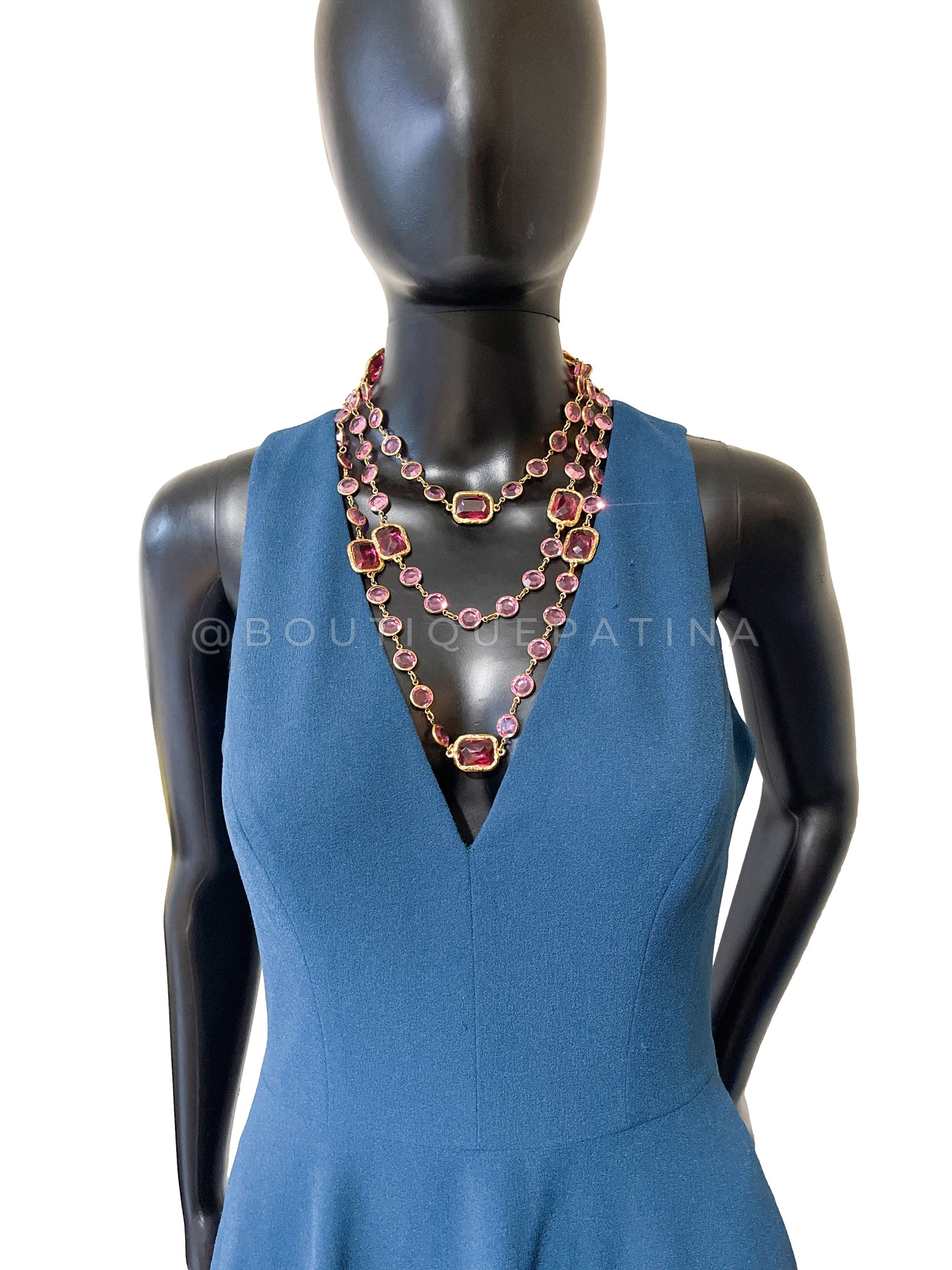 Chanel 1981 Vintage Rose Pink Crystal Chicklet Sautoir Station Strand Necklace ZQL