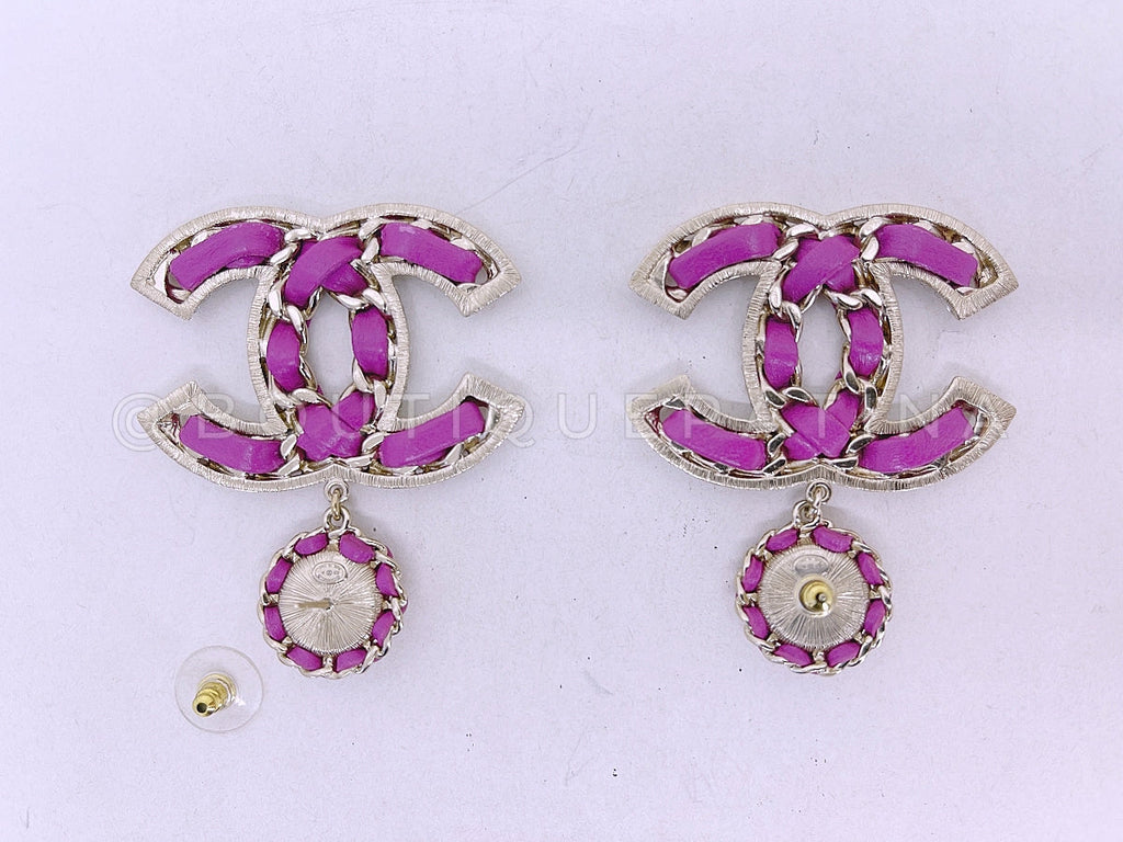 Chanel 21P Magenta Pink, Gold and Pearl CC Drop Earrings