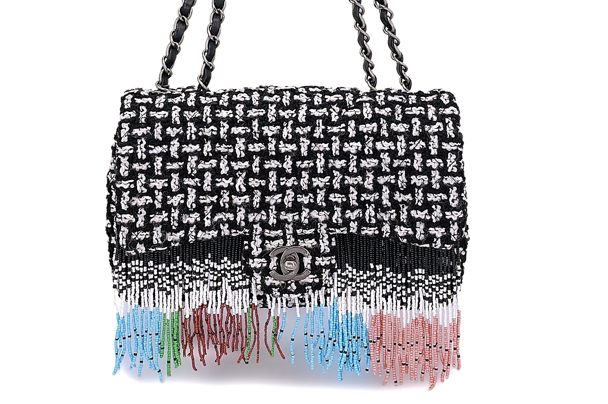 Chanel 2014 Paris-Dallas Métiers d'Art Tweed Beaded Fringe Flap Bag RHW WY5