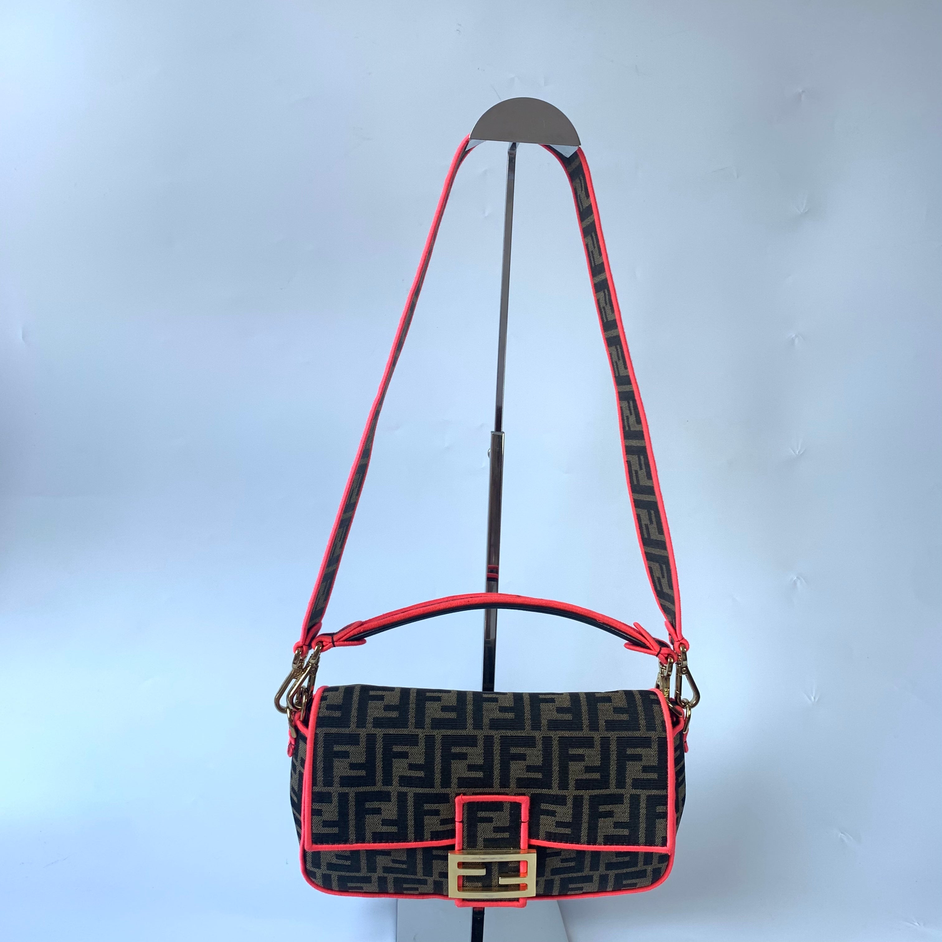 FENDI Baguette Zucca Monogram Canvas with Pink Neon trimming Crossbody Bag
