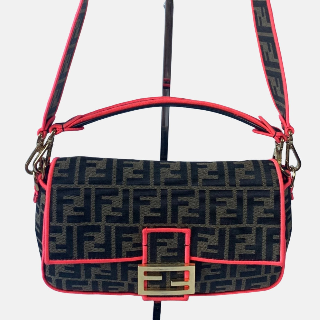 FENDI Baguette Zucca Monogram Canvas with Pink Neon trimming Crossbody Bag