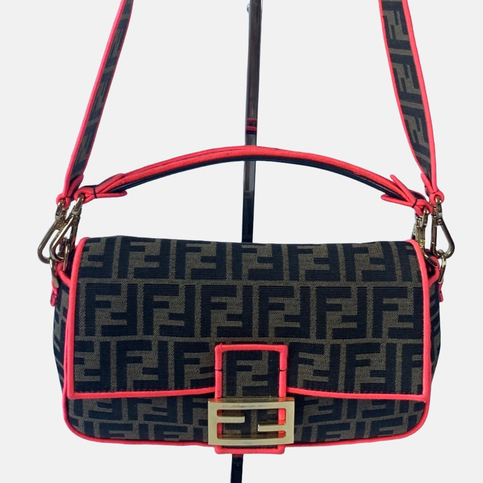 FENDI Baguette Zucca Monogram Canvas with Pink Neon trimming Crossbody Bag
