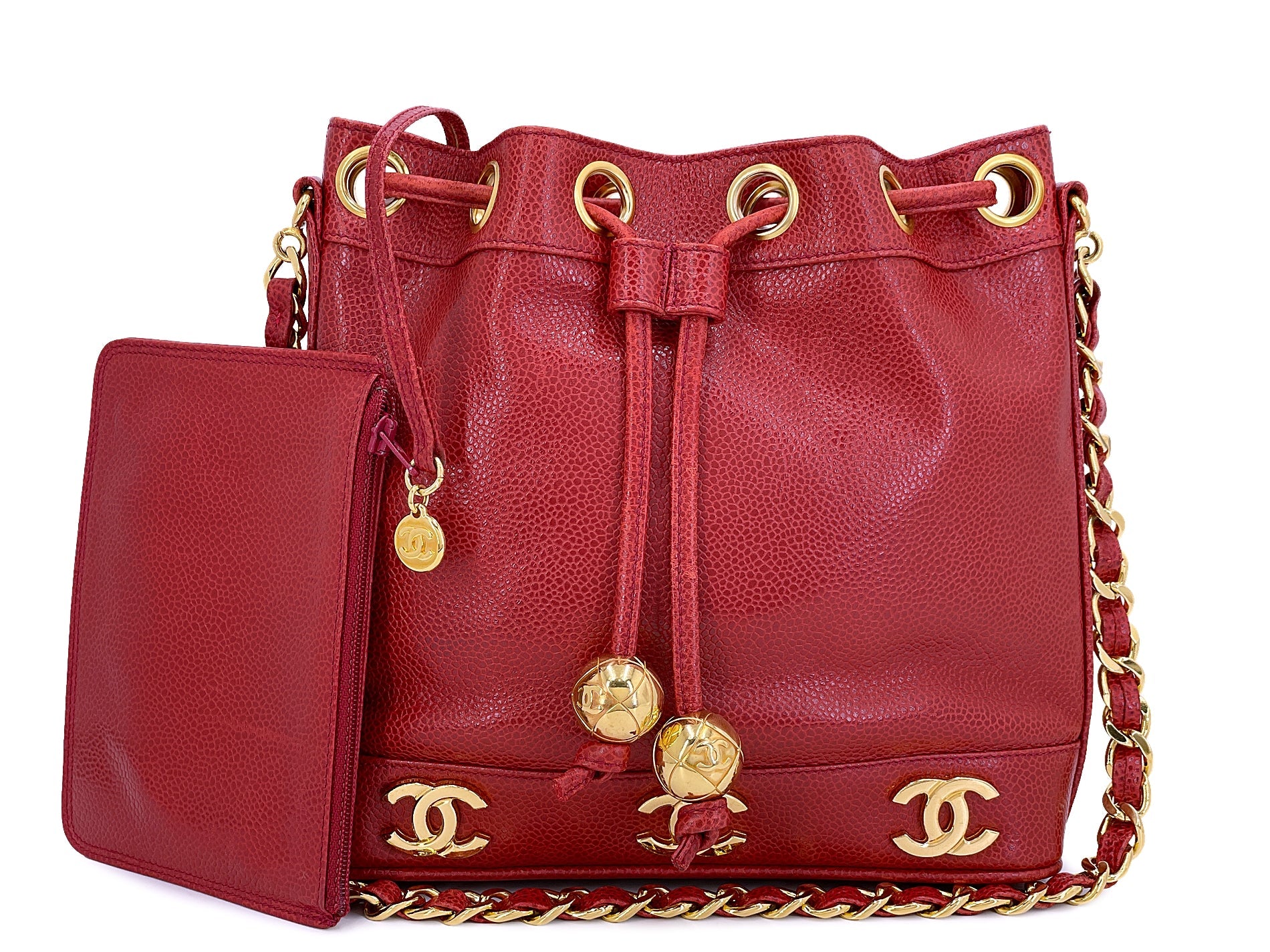 Chanel 1994 Vintage Red Caviar Mini Drawstring 6-CC Rectangular Bucket Bag 24k GHW
