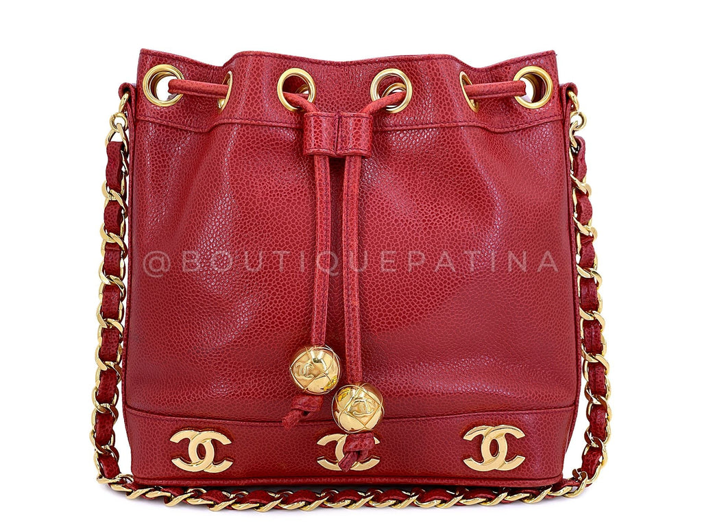 Chanel 1994 Vintage Red Caviar Mini Drawstring 6-CC Rectangular Bucket Bag 24k GHW