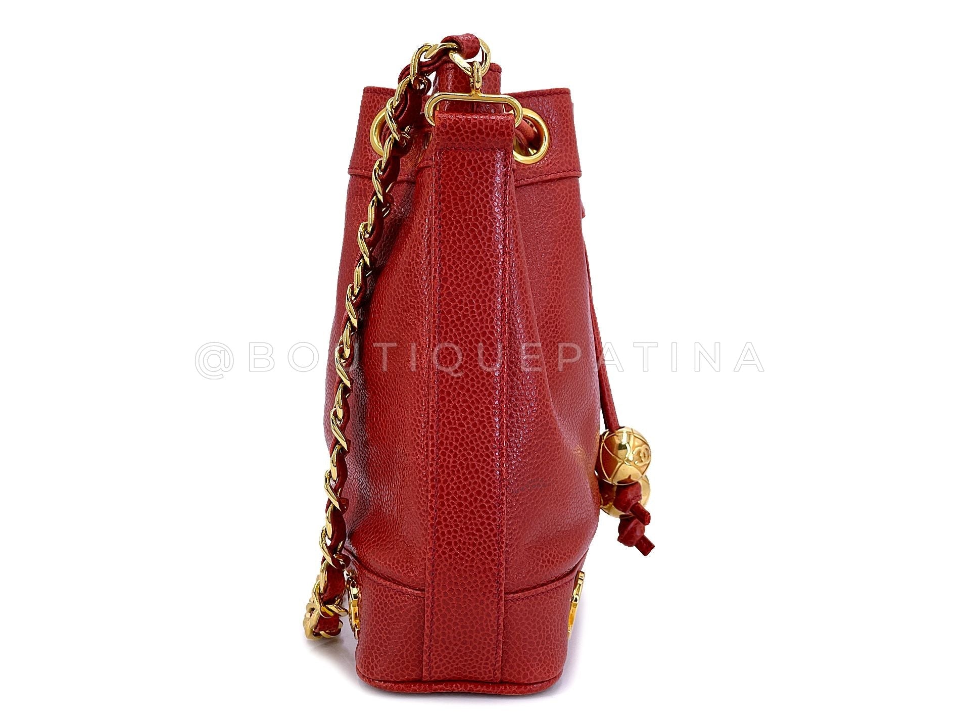 Chanel 1994 Vintage Red Caviar Mini Drawstring 6-CC Rectangular Bucket Bag 24k GHW