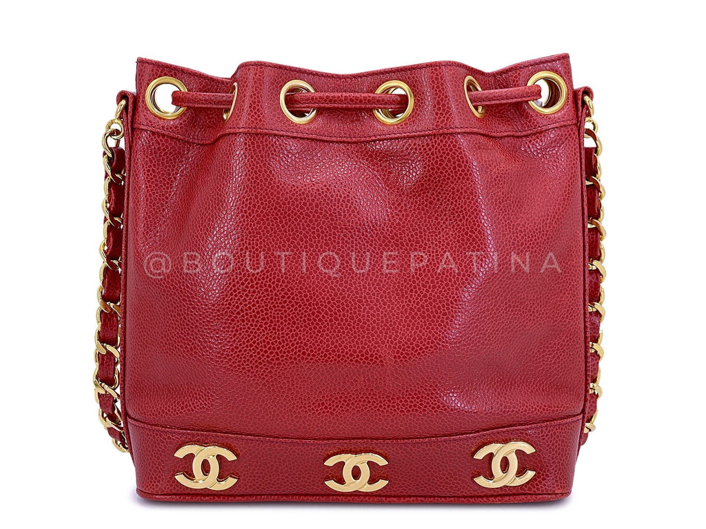 Chanel 1994 Vintage Red Caviar Mini Drawstring 6-CC Rectangular Bucket Bag 24k GHW