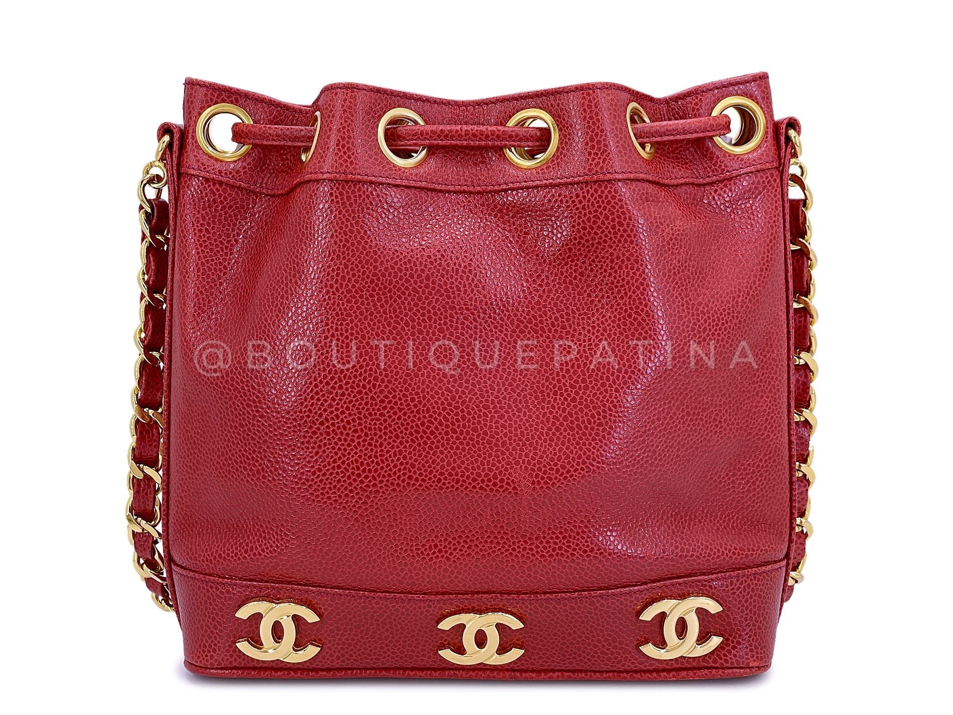 Chanel 1994 Vintage Red Caviar Mini Drawstring 6-CC Rectangular Bucket Bag 24k GHW