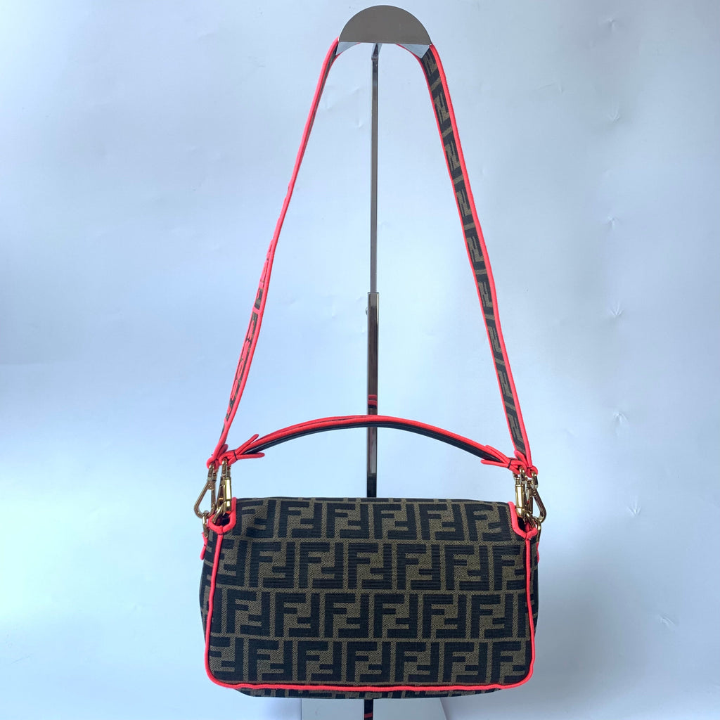 FENDI Baguette Zucca Monogram Canvas with Pink Neon trimming Crossbody Bag