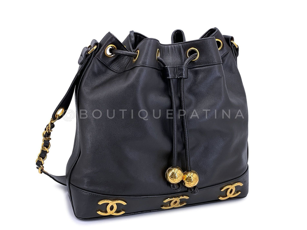 Chanel Bucket Bag 6-CC Rectangular Black Drawstring 24k GHW Lambskin MKT