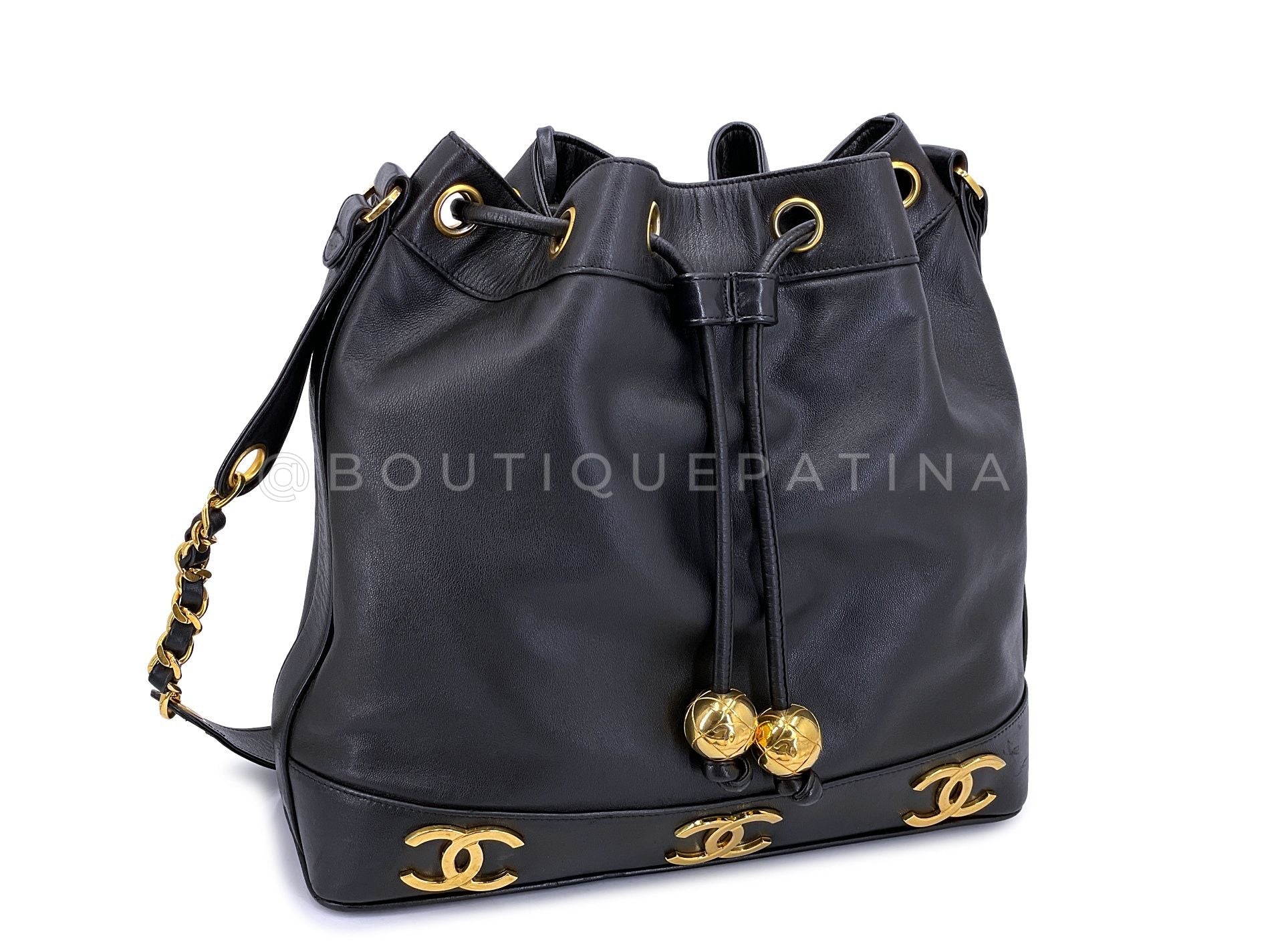 Chanel Bucket Bag 6-CC Rectangular Black Drawstring 24k GHW Lambskin MKT