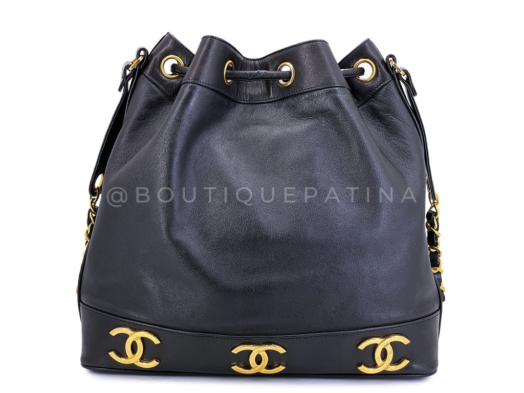 Chanel Bucket Bag 6-CC Rectangular Black Drawstring 24k GHW Lambskin MKT