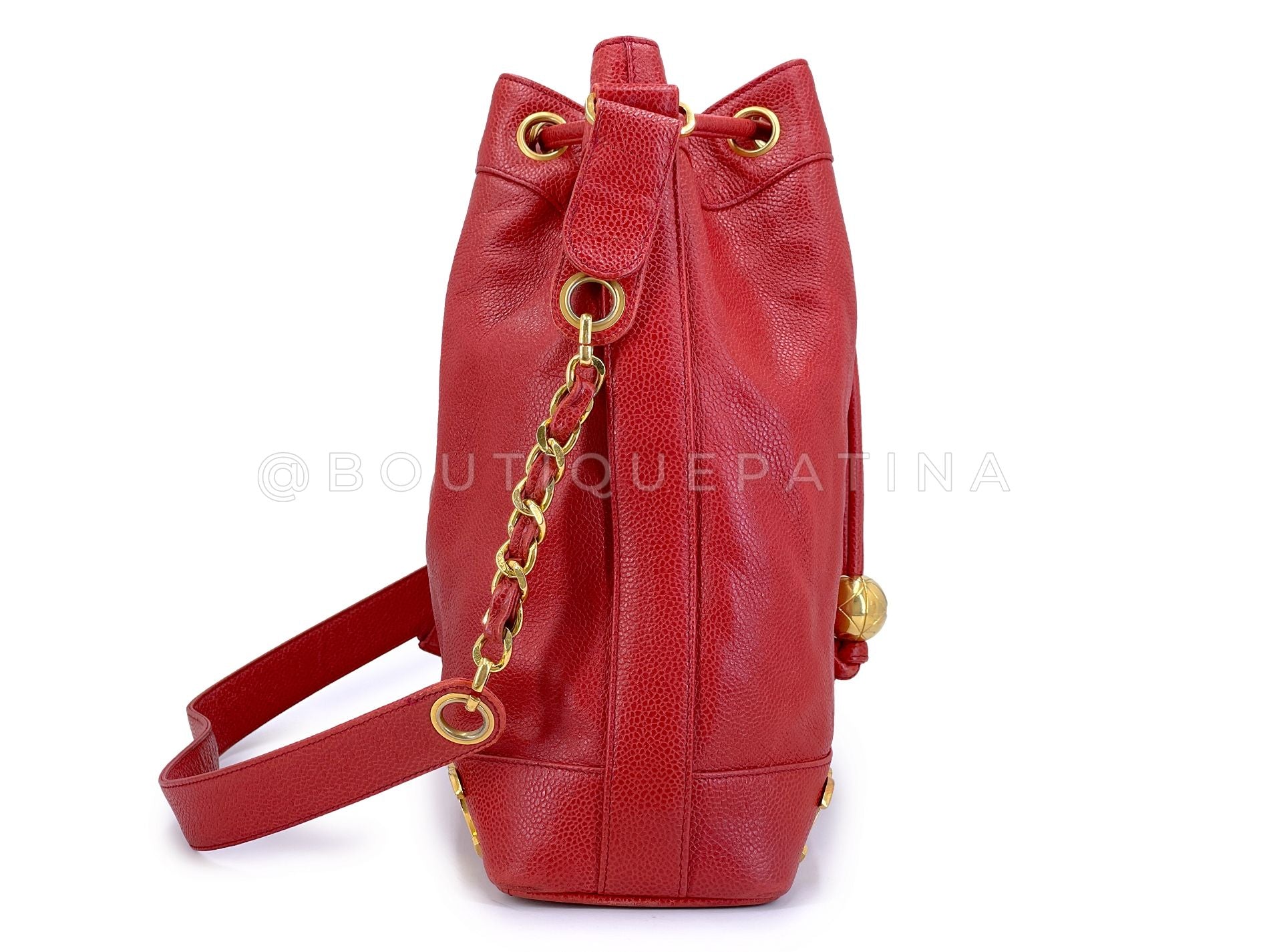 Chanel Vintage 1995 Red Caviar Drawstring Bucket Bag 6-CC 24k GHW