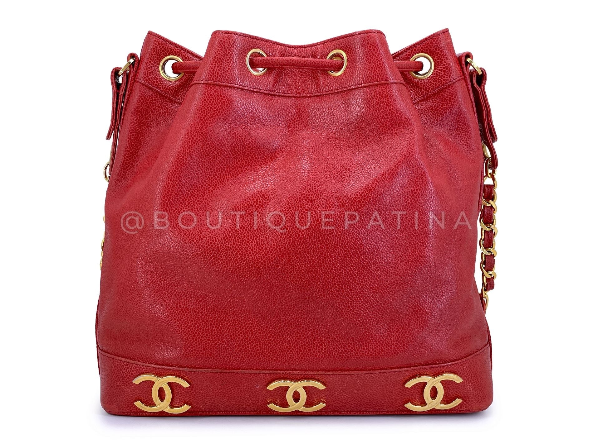 Chanel Vintage 1995 Red Caviar Drawstring Bucket Bag 6-CC 24k GHW