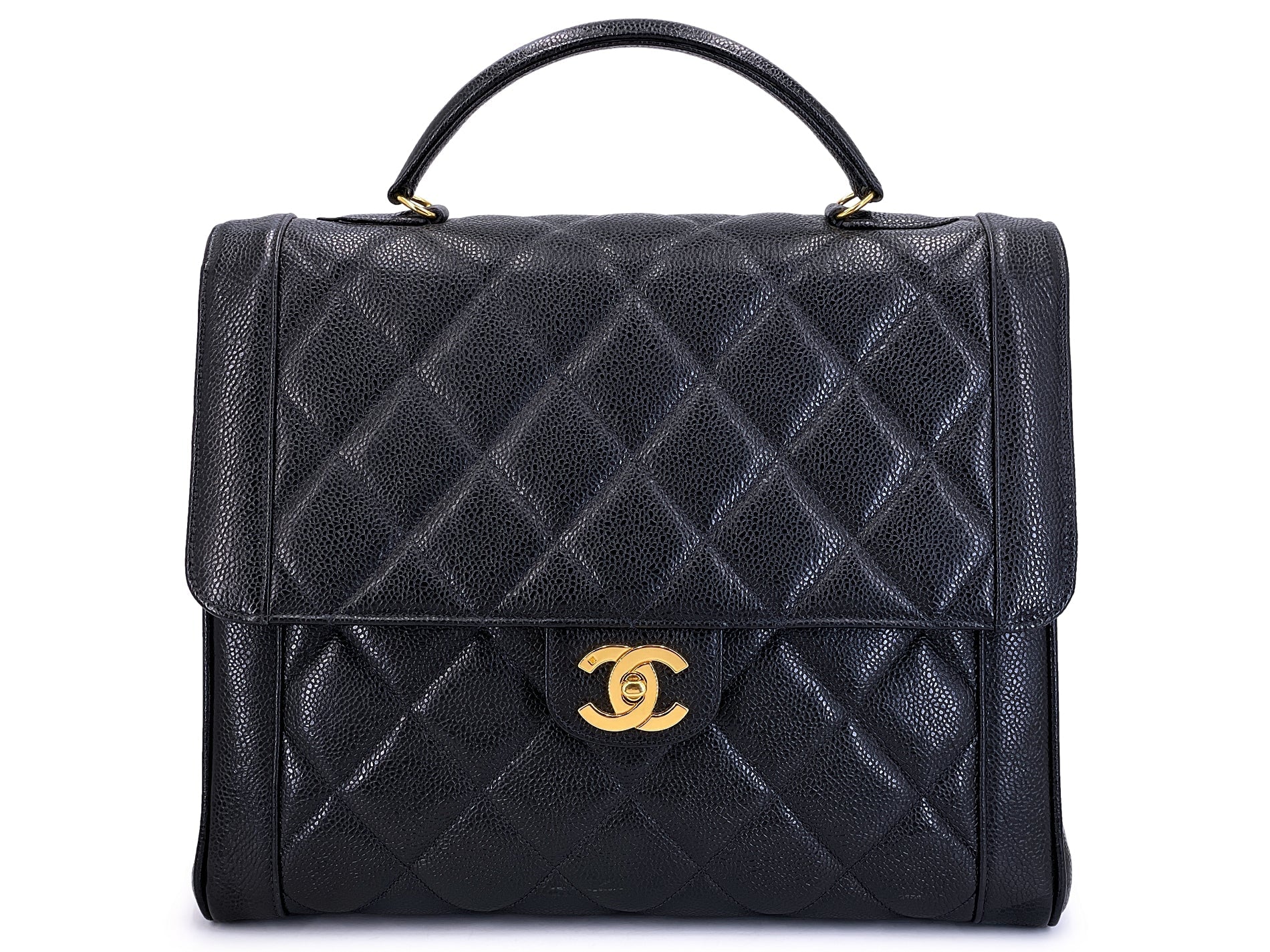 Chanel 1990 Vintage Black Caviar Mademoiselle Jumbo Kelly Bag 24k GHW HQA