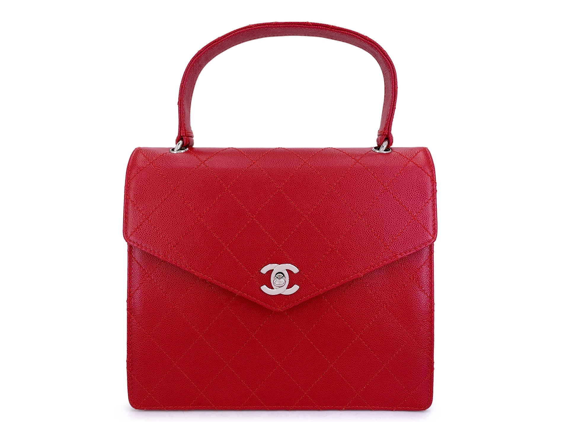 Chanel 1997 Vintage Red Caviar Quilted Kelly Bag SHW 0F6