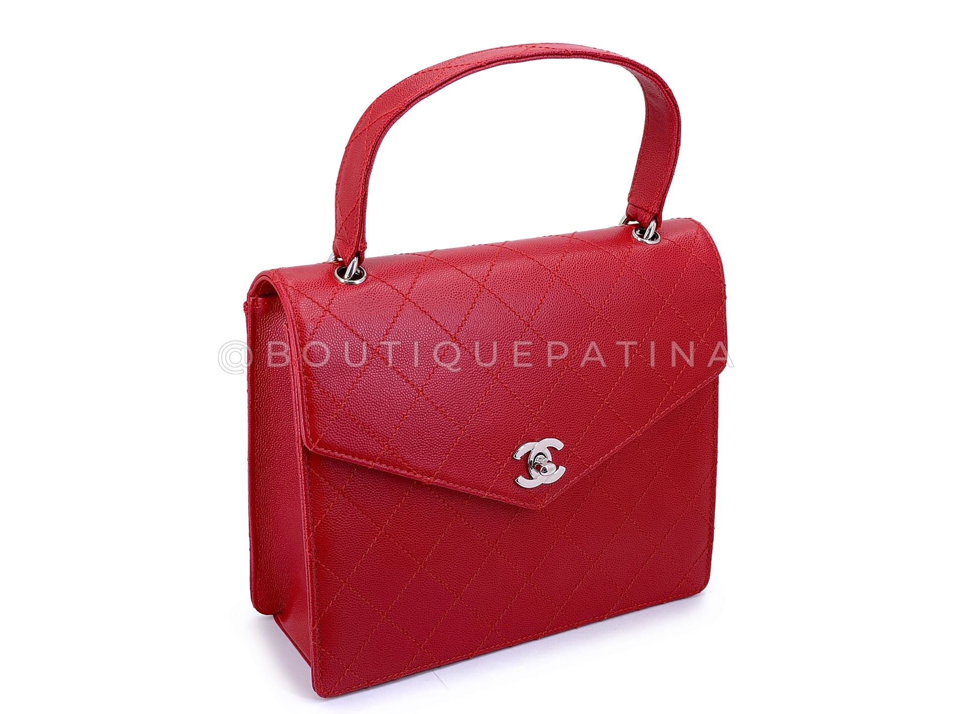 Chanel 1997 Vintage Red Caviar Quilted Kelly Bag SHW 0F6
