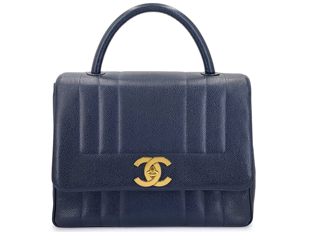 Chanel 1994 Vintage Navy Blue-Black Caviar Jumbo Logo Mademoiselle Kelly Bag 24k GHW JWT