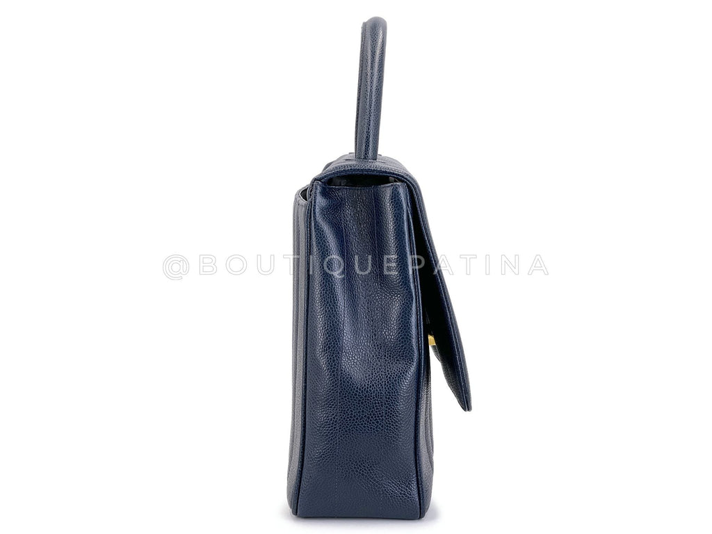 Chanel 1994 Vintage Navy Blue-Black Caviar Jumbo Logo Mademoiselle Kelly Bag 24k GHW JWT