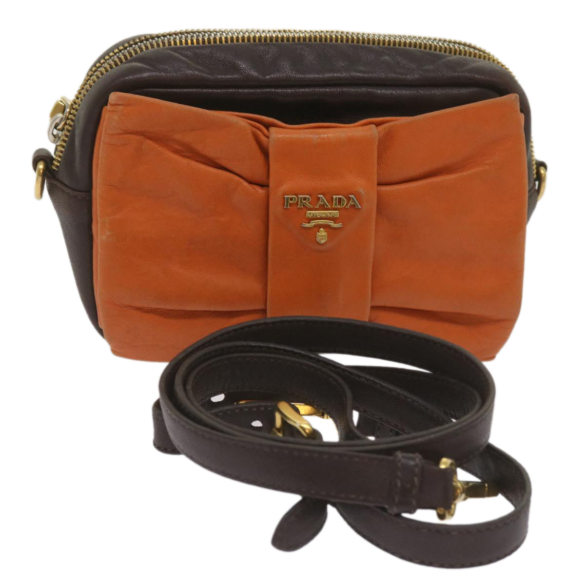 PRADA Ribbon Shoulder Bag Leather Orange Brown 69111