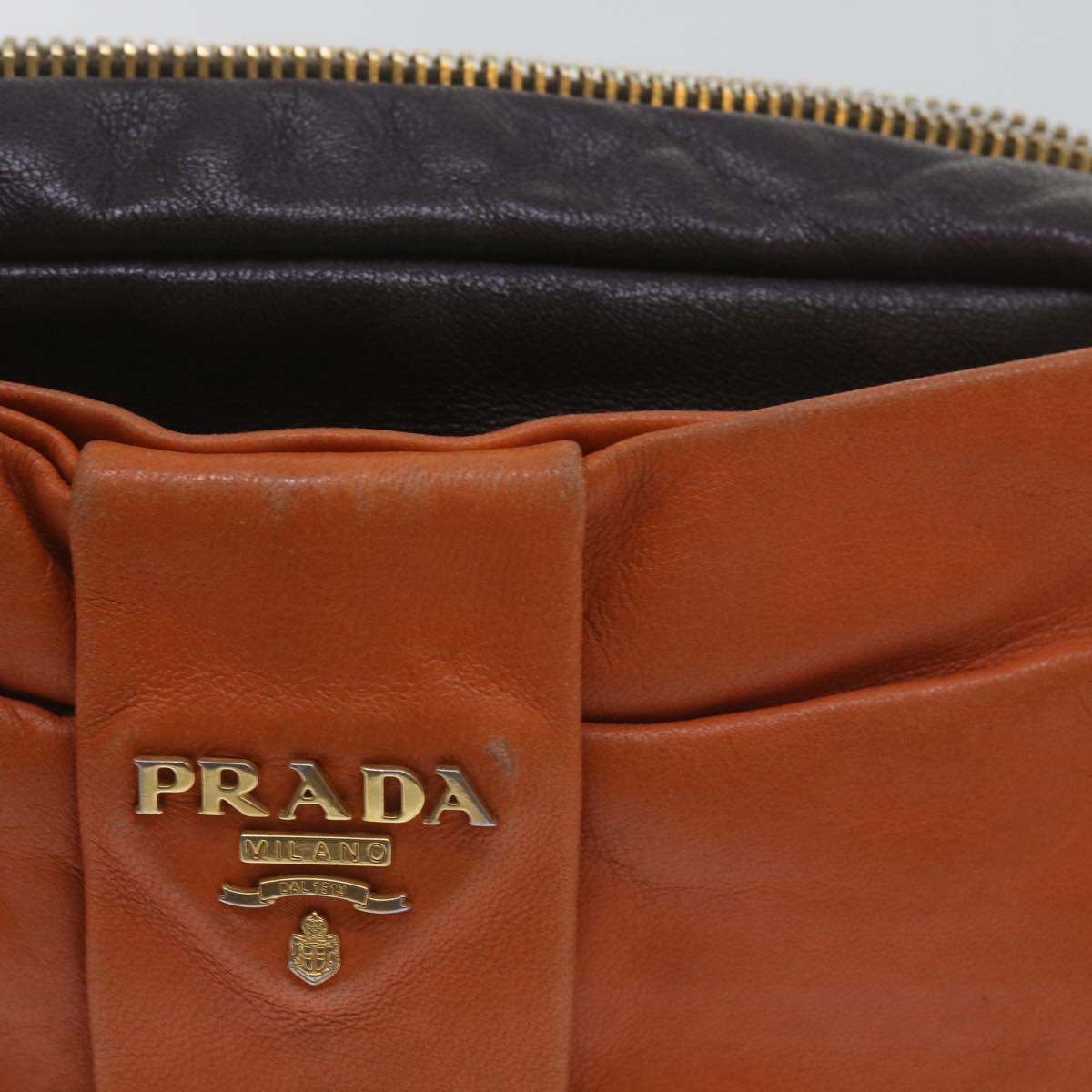 PRADA Ribbon Shoulder Bag Leather Orange Brown 69111