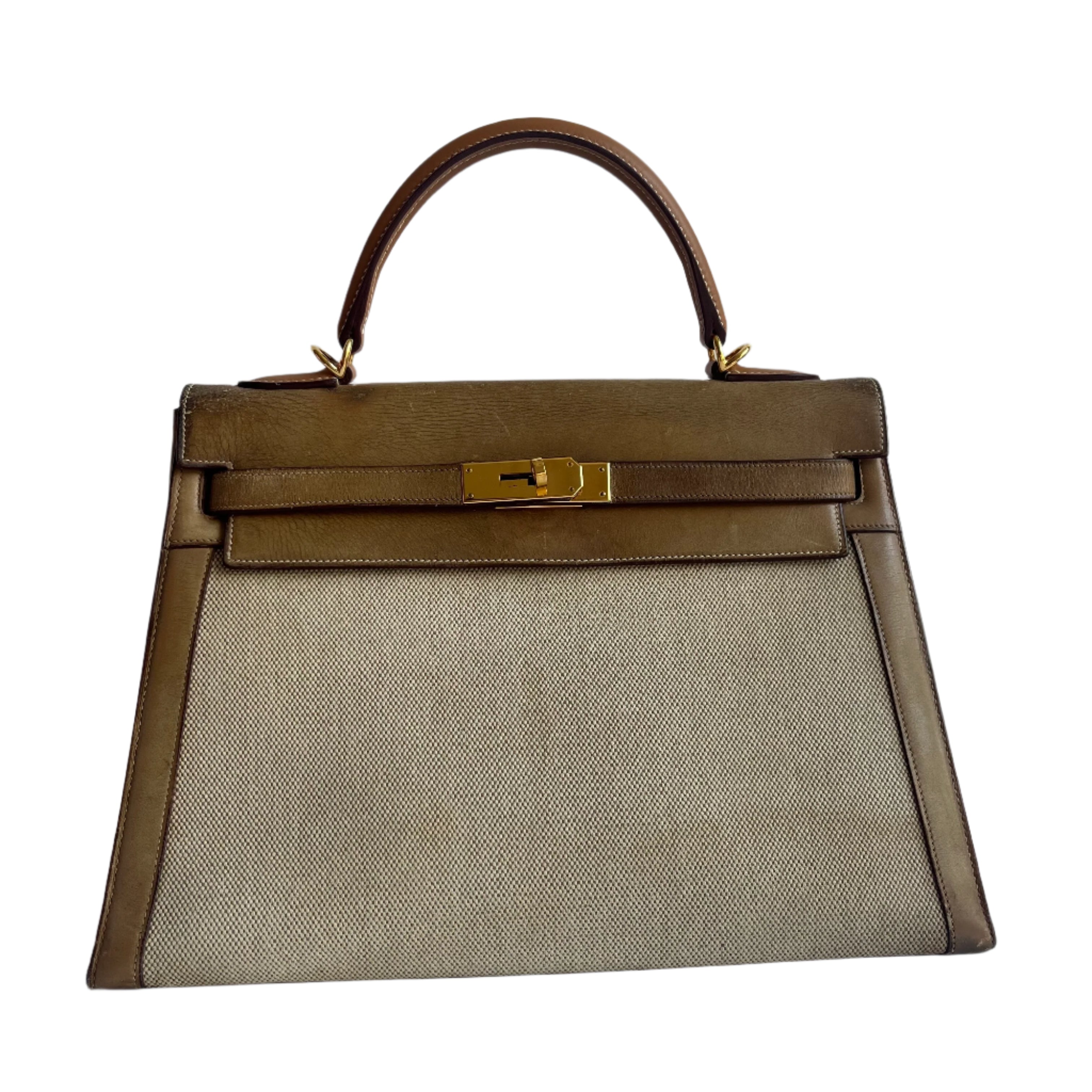 Hermes Kelly 32 Sellier Vintage Natural Leather and Canvas Gold Hardware