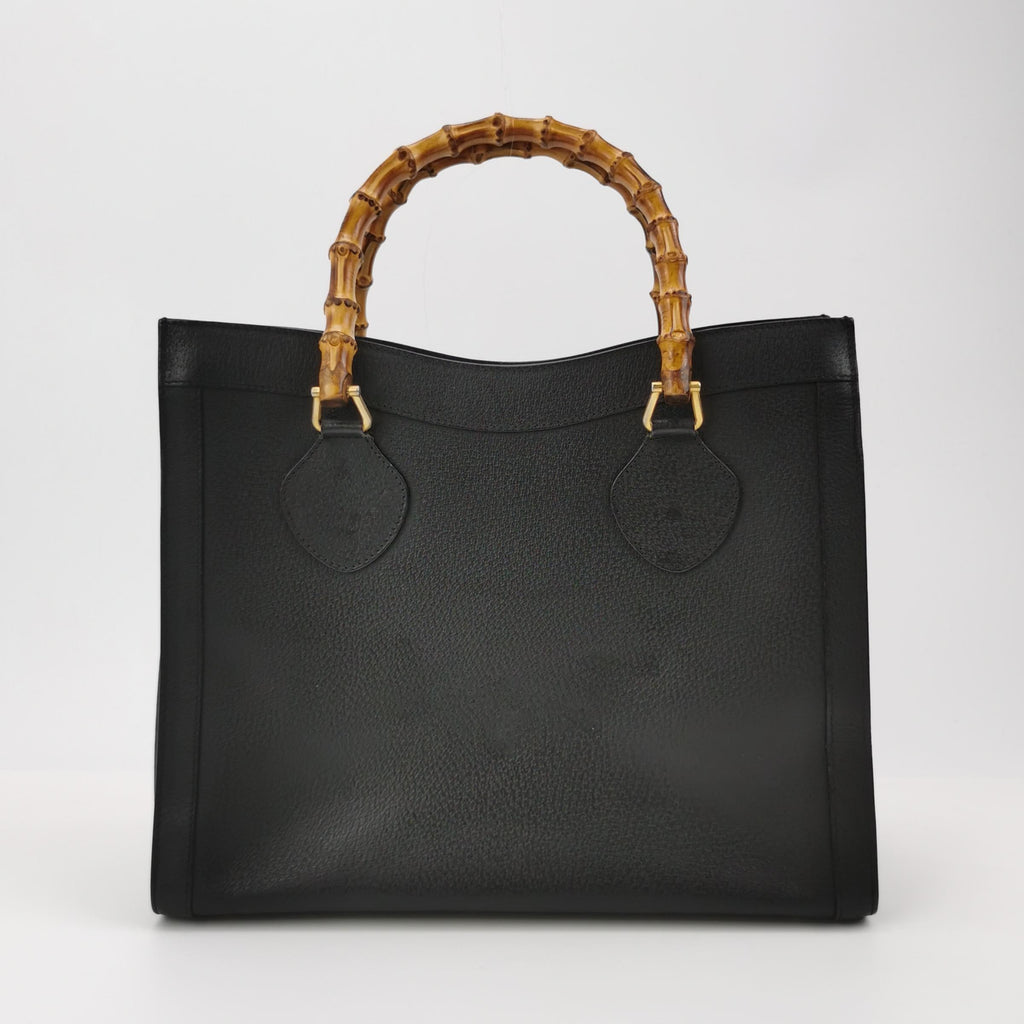 Gucci Diana Vintage Large Black Calfskin Leather Bamboo Top Handles Tote Bag