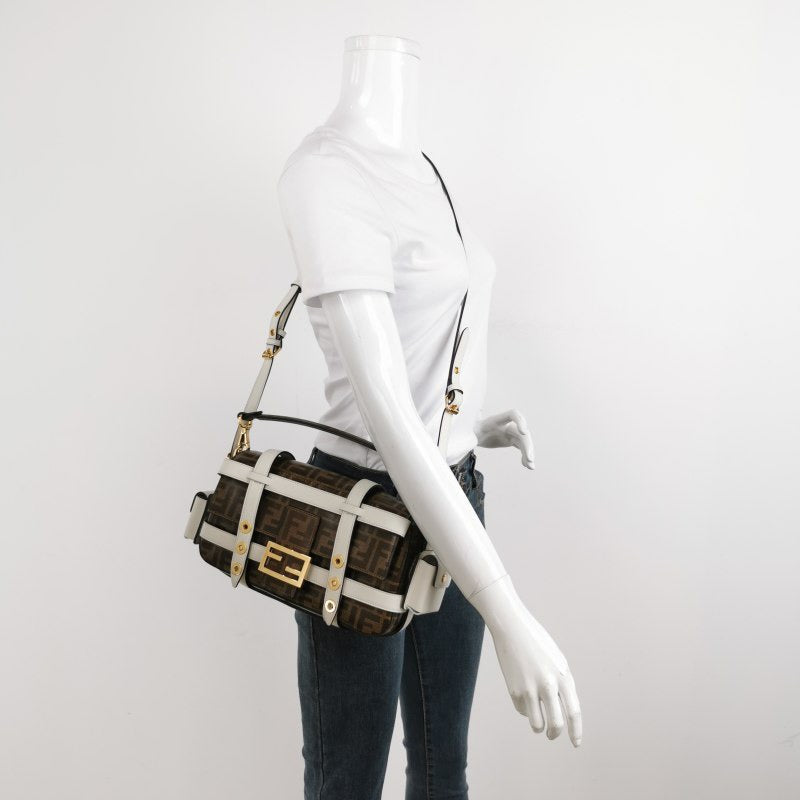 Fendi Baguette Glazed Fabric Vitello Century FF 1974 Large Baguette Cage Mogano Panna White Ice