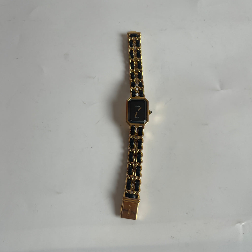 CHANEL 1987 Vintage PREMIERE Watch L Black Leather and 24KT Yellow Gold Plated