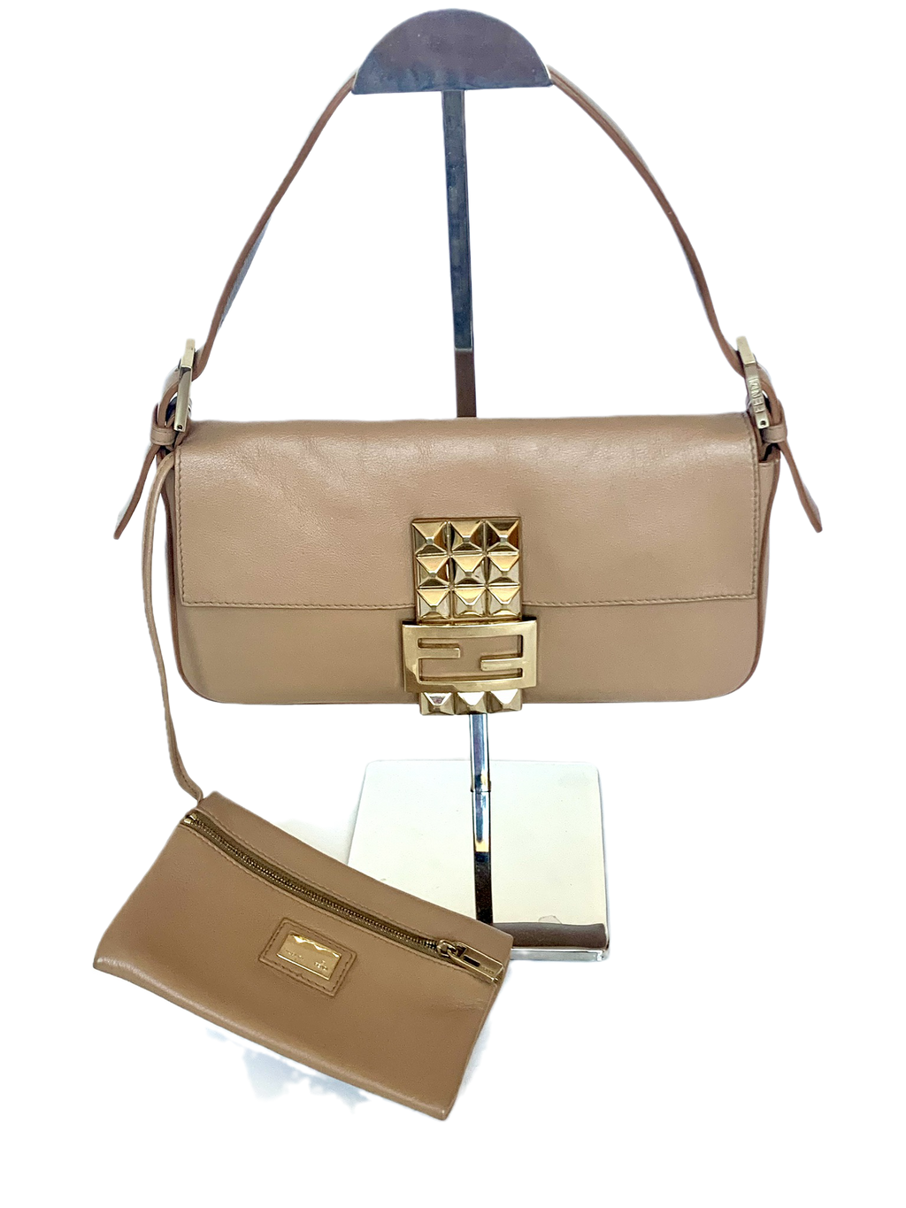 Fendi Baguette Beige Leather with Gold Studded Metal Buckle