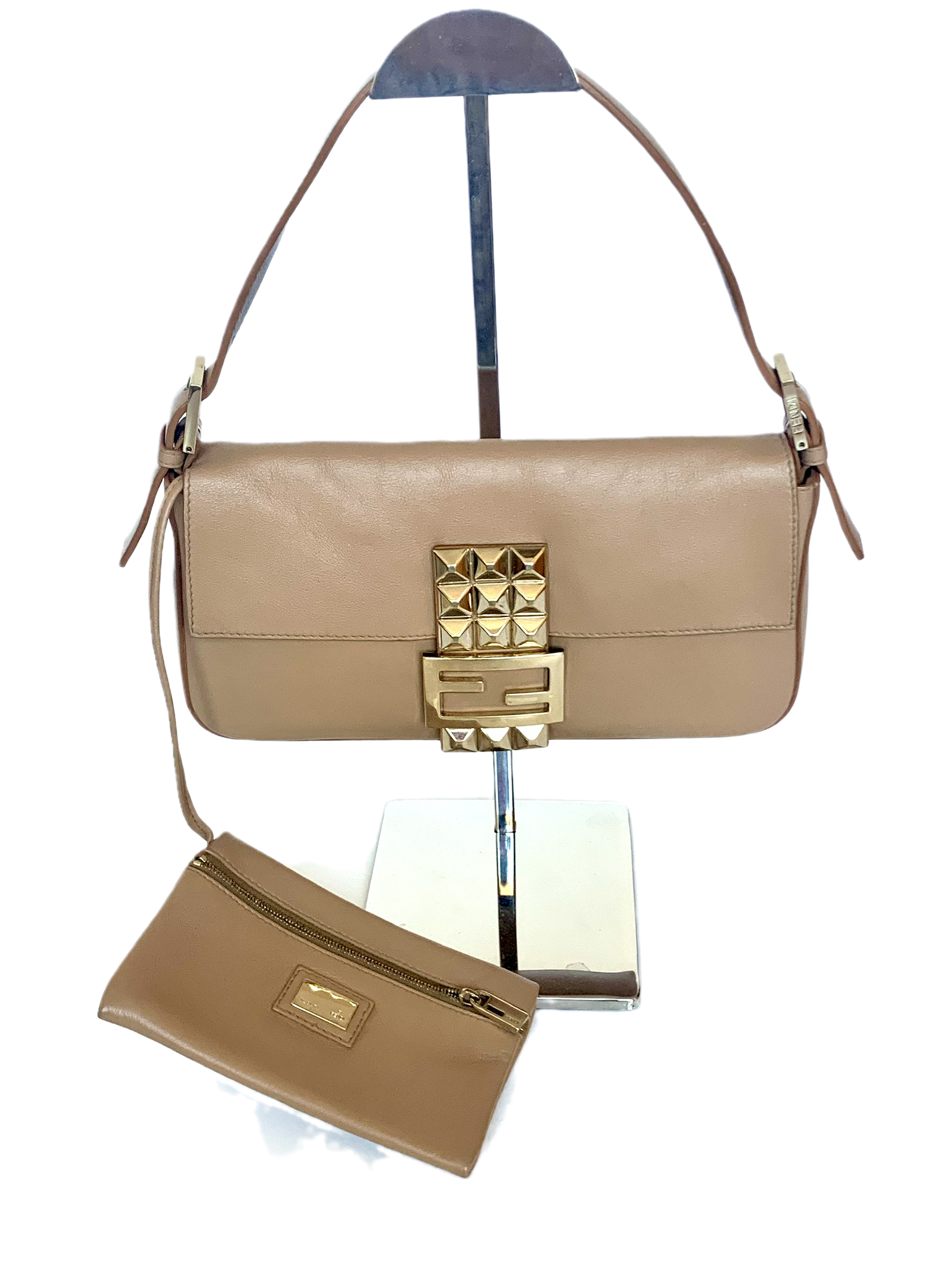 Fendi Baguette Beige Leather with Gold Studded Metal Buckle