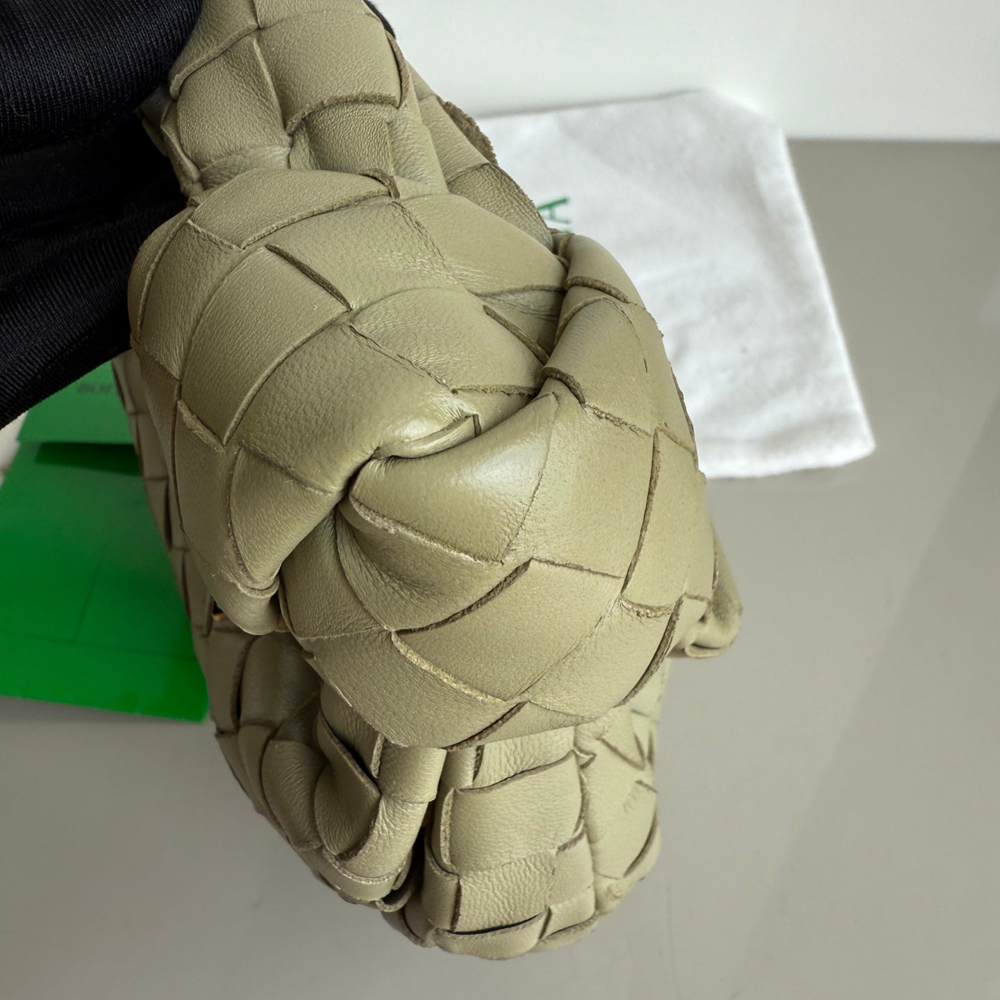 Bottega Veneta Jodie Mini Travertine Green Lambskin Leather Clutch Bag