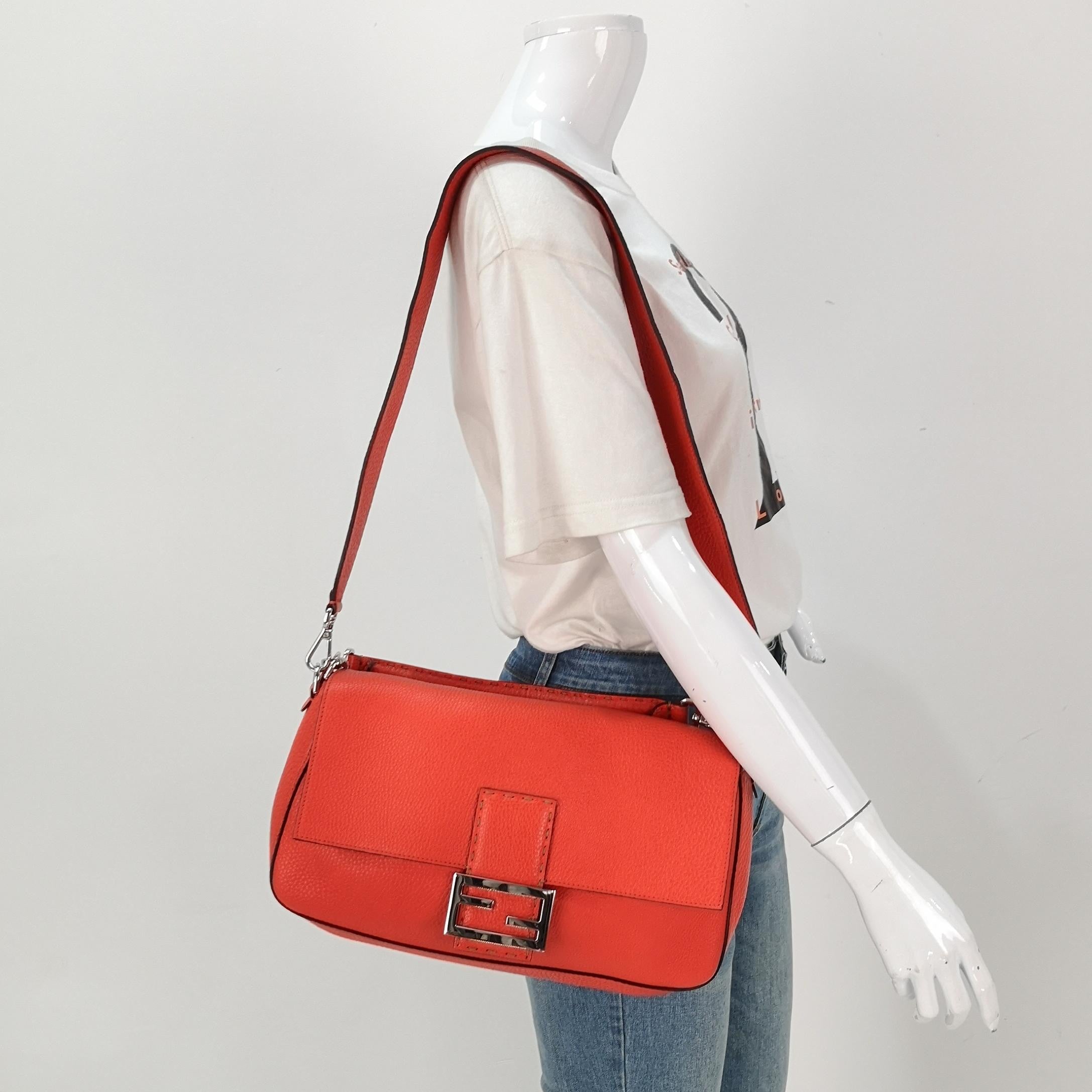 Fendi Baguette Selleria Calfskin Leather Crossbody Bag Large Orange Red