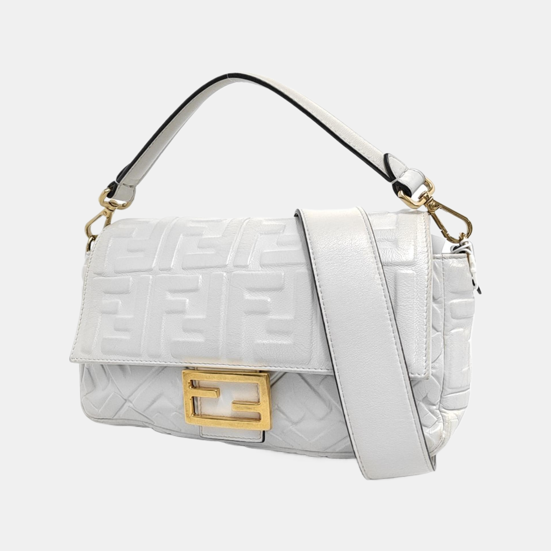 Fendi Baguette White Lambskin Leather Crossbody Bag Medium