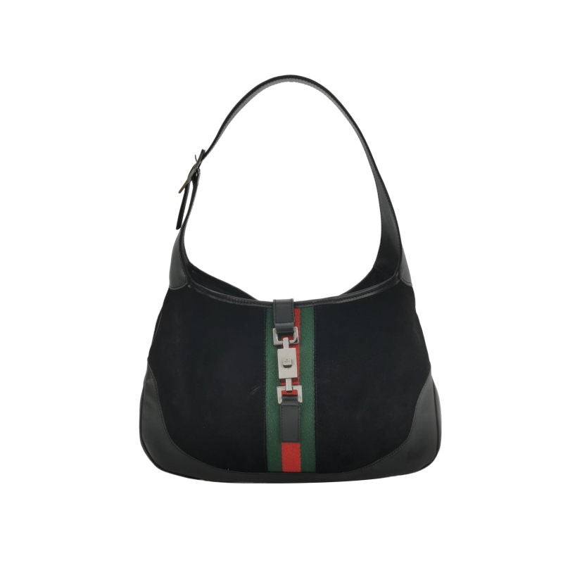 Gucci Jackie Vintage Medium Black Leather Suede Green Web Shoulder Bag
