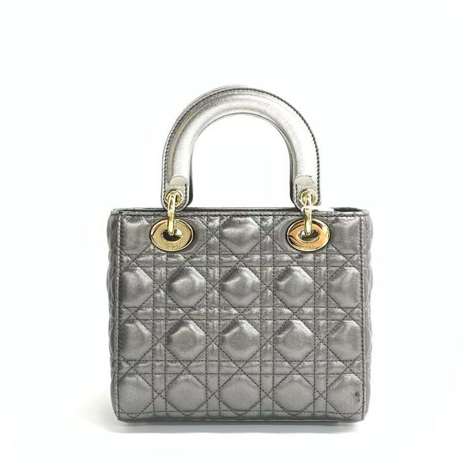 Lady Dior Small ABCdior Metallic Grey Cannage Lambskin Handbag with Strap 2019