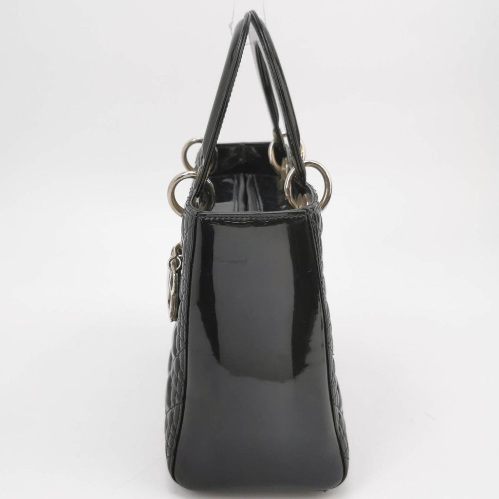 Lady Dior Medium Black Patent Leather Handbag with Silver Hardware