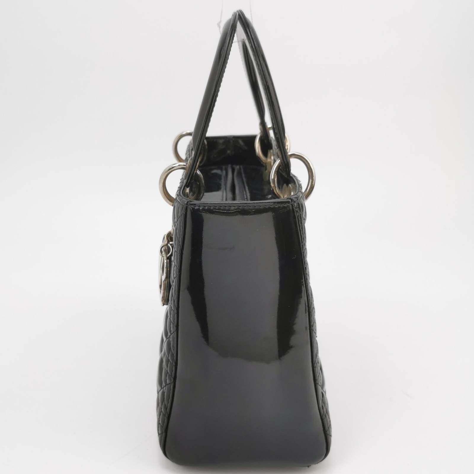Lady Dior Medium Black Patent Leather Handbag with Silver Hardware