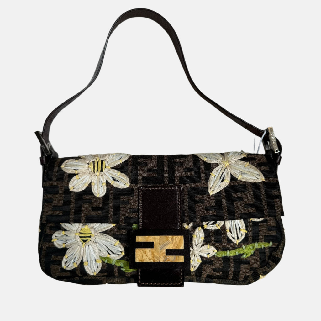 Fendi Baguette Zucca Monogram with Straw Floral Embroidery